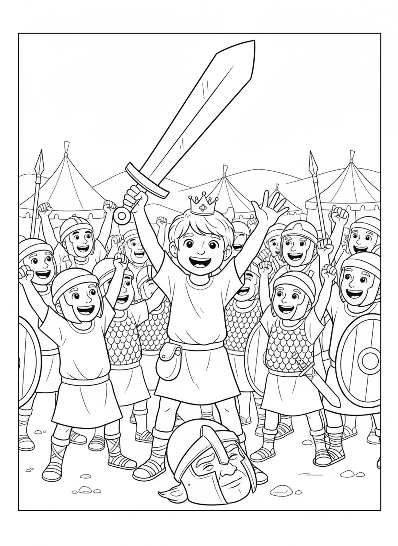 David mit Goliaths Schwert, Ausmalbild von David und Goliath für Kinder im Alter von 5-10 Jahren