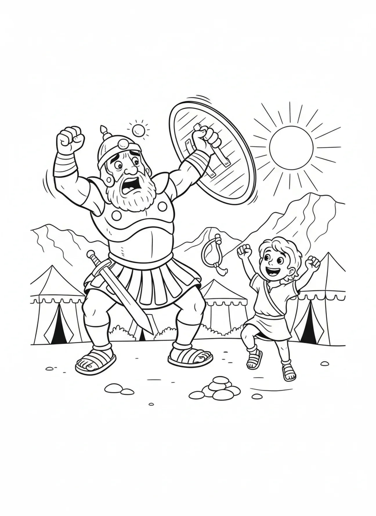 Goliath fällt rückwärts, David Goliath Ausmalbild für Kinder im Alter von 5-10 Jahren