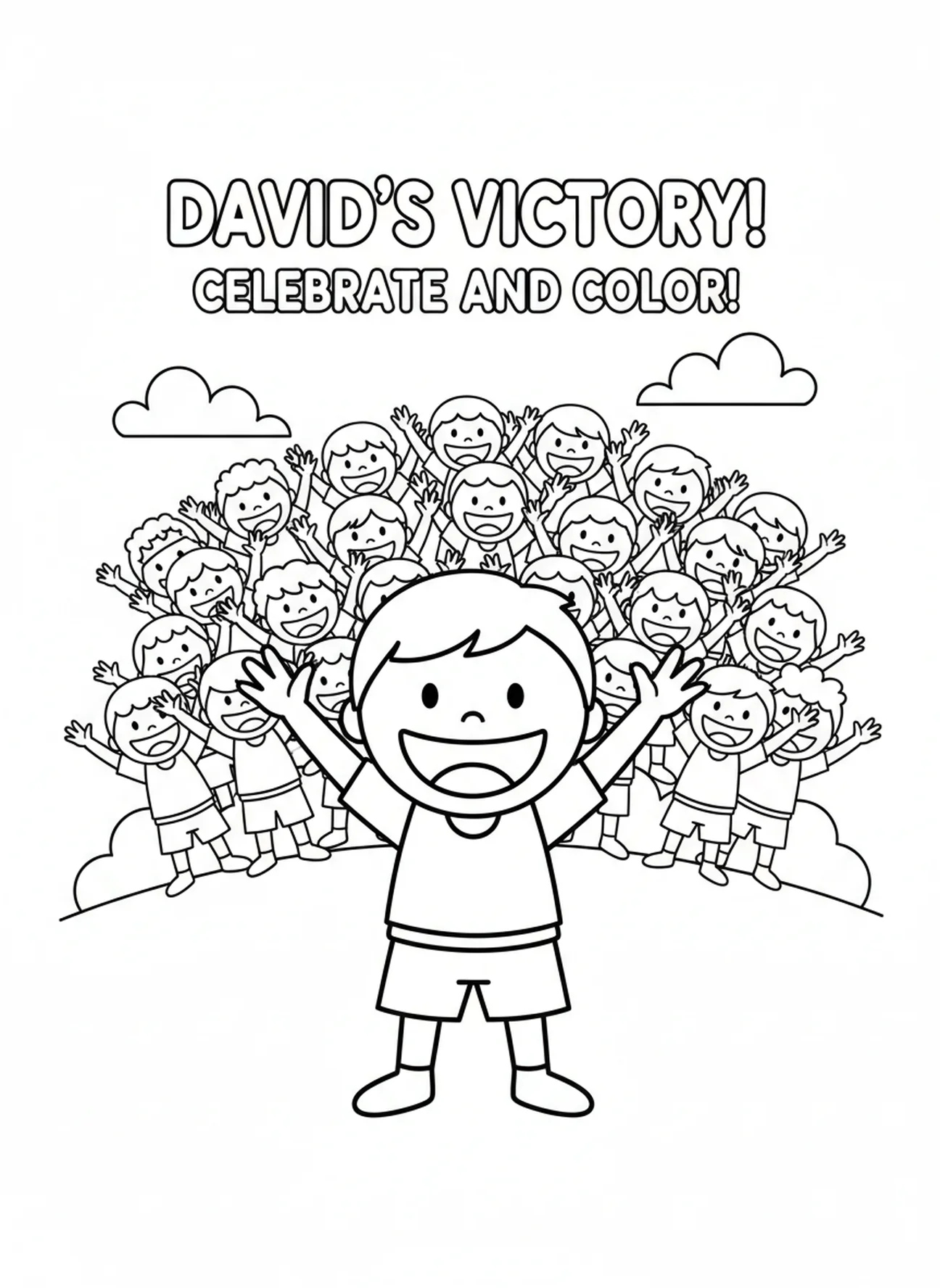 Smiling David celebrating, David Goliath coloring page for preschoolers age 3-5