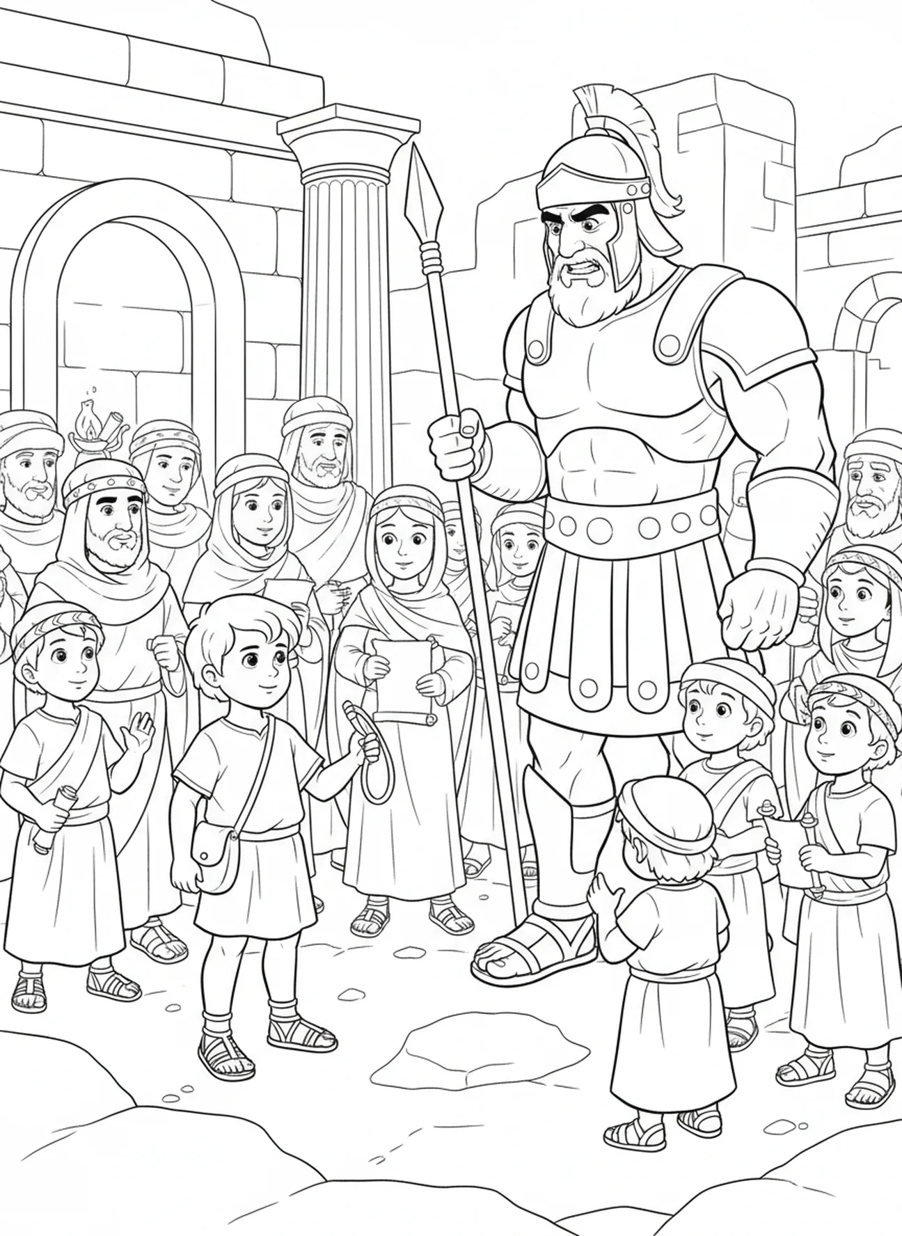 David et Goliath s'affrontent, page à colorier David Goliath pour les enfants de l'École du dimanche âgés de 5 à 12 ans.