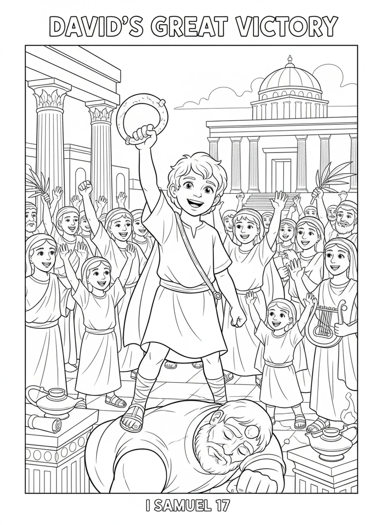 David célébré par la foule, page à colorier David et Goliath pour les enfants de l'École du dimanche âgés de 5 à 12 ans.