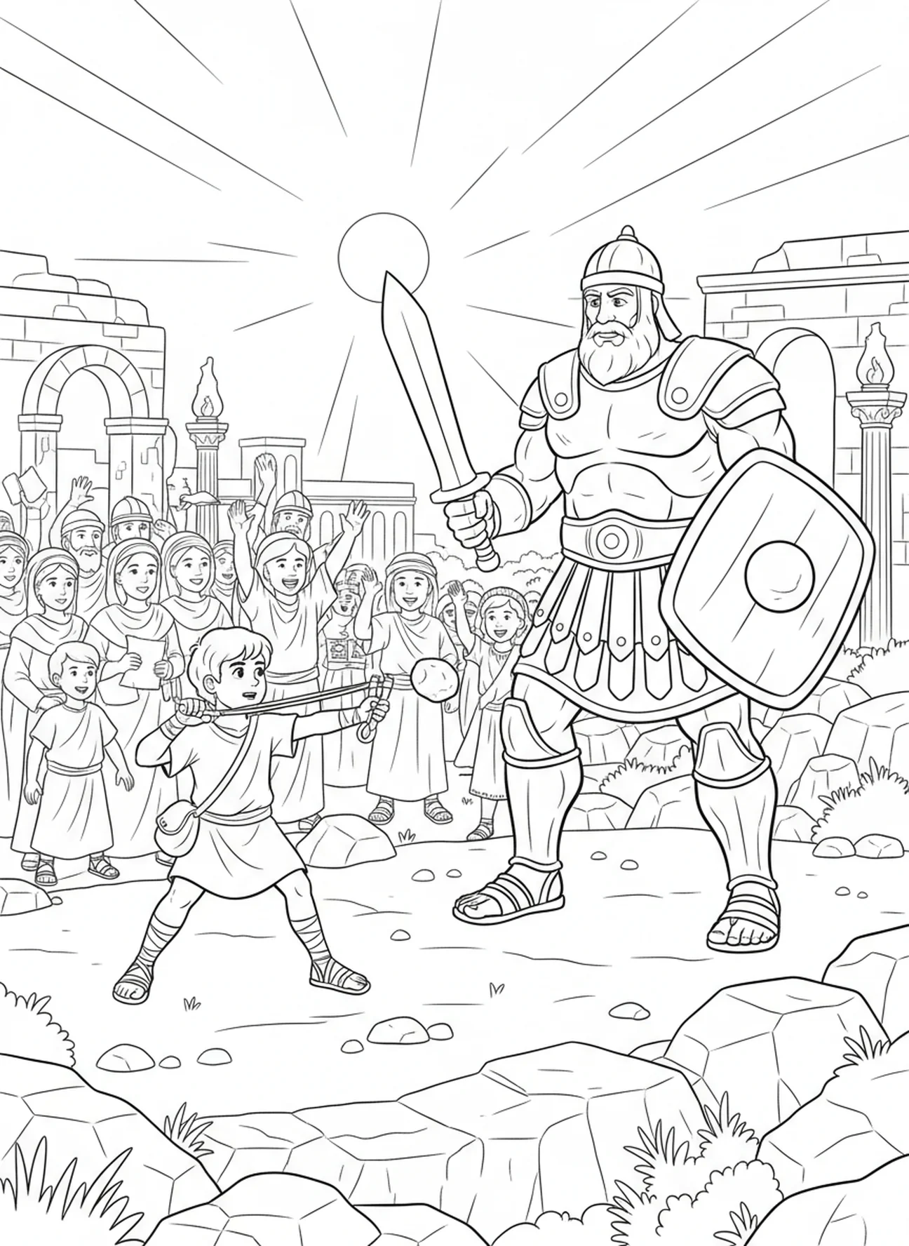 David visant sa fronde, page à colorier David et Goliath pour les enfants de l'École du dimanche âgés de 5 à 12 ans.
