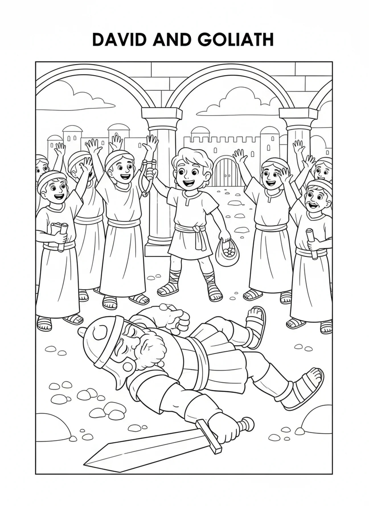 Goliath tombant, page à colorier de David et Goliath pour les enfants de l'École du dimanche âgés de 5 à 12 ans.