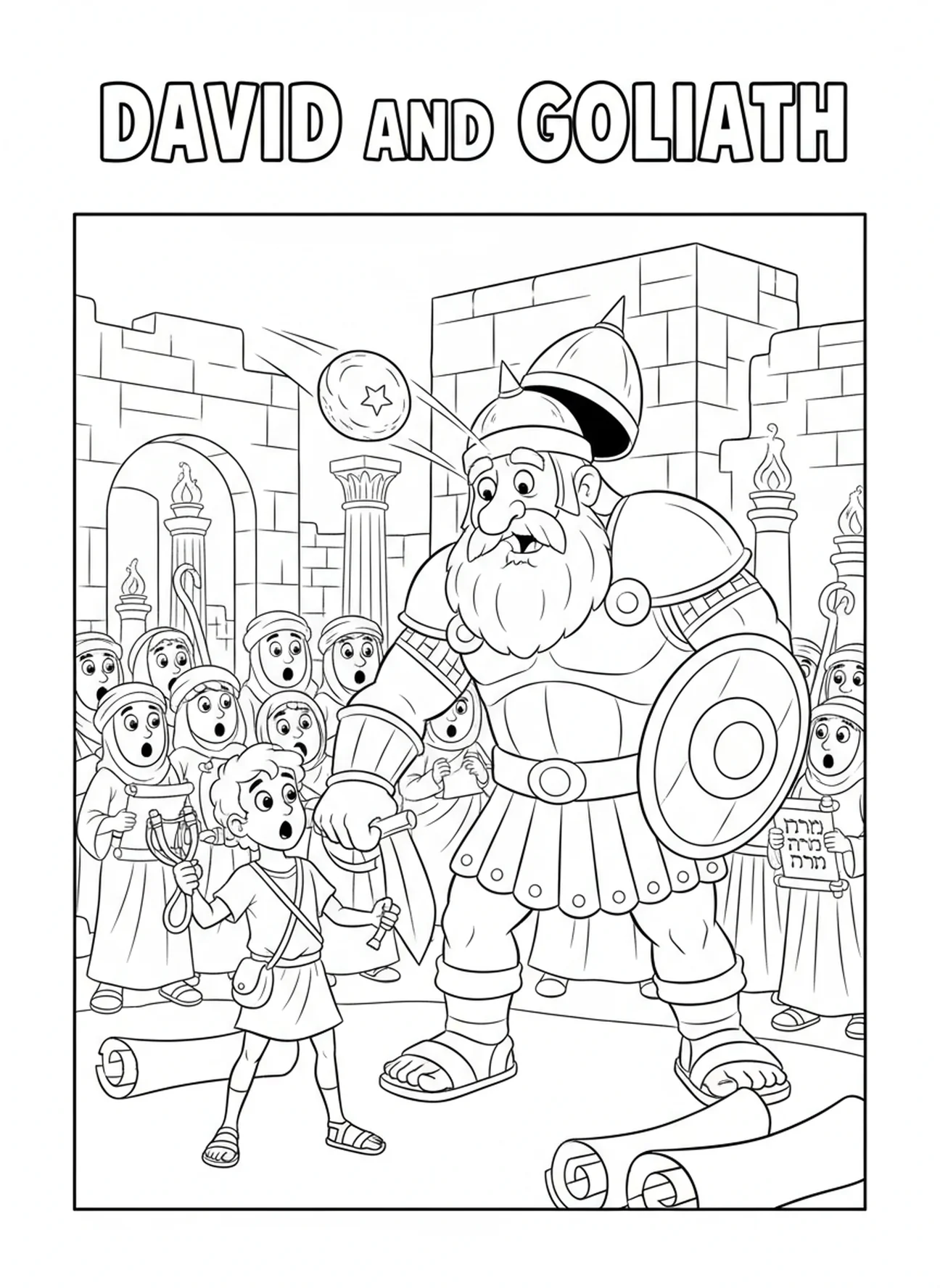 Pierre frappant Goliath, page à colorier David et Goliath pour les enfants de l'École du dimanche âgés de 5 à 12 ans.