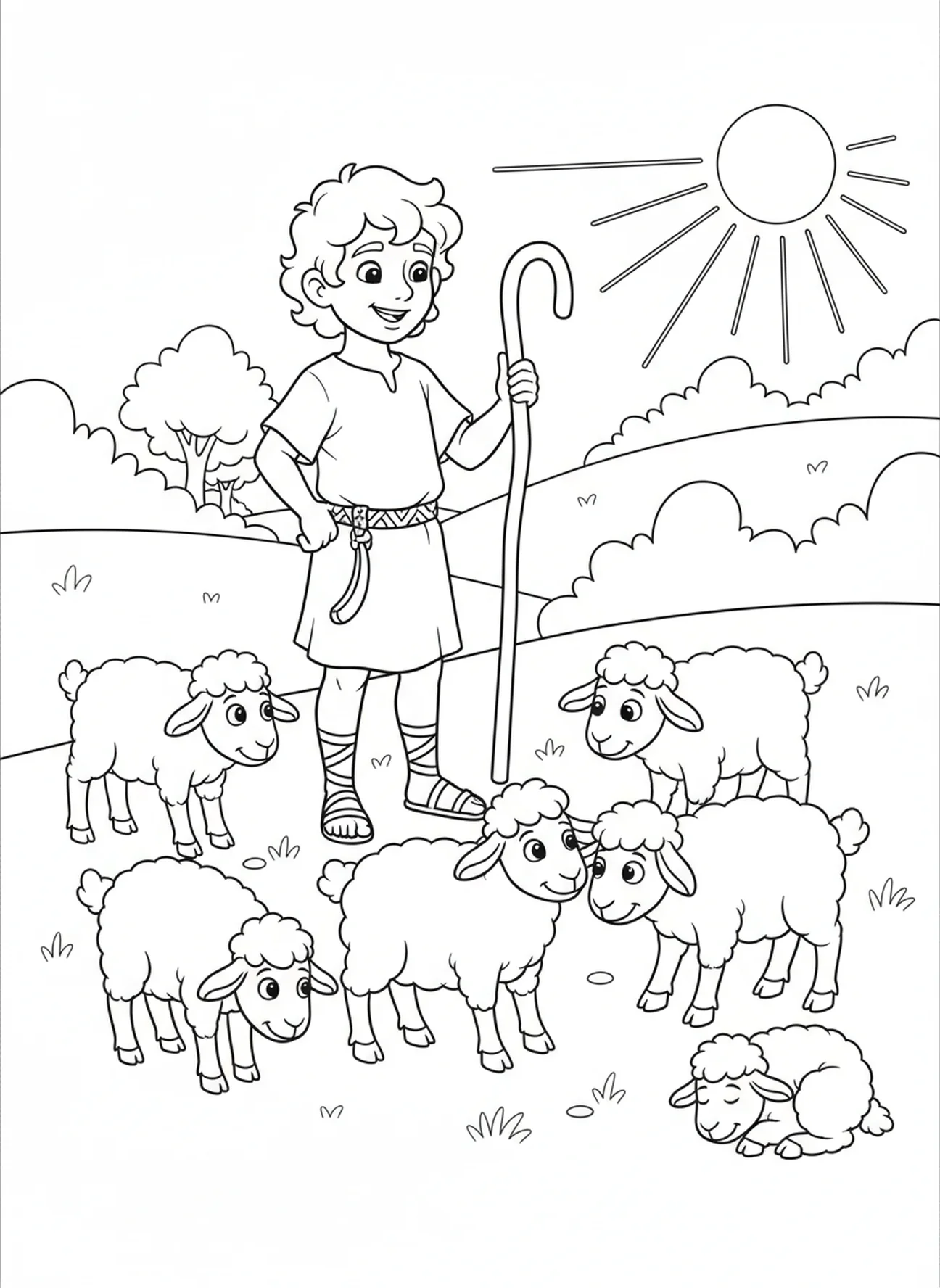 David mit Schafen, Ausmalbild von König David für Kinder im Alter von 5-10 Jahren