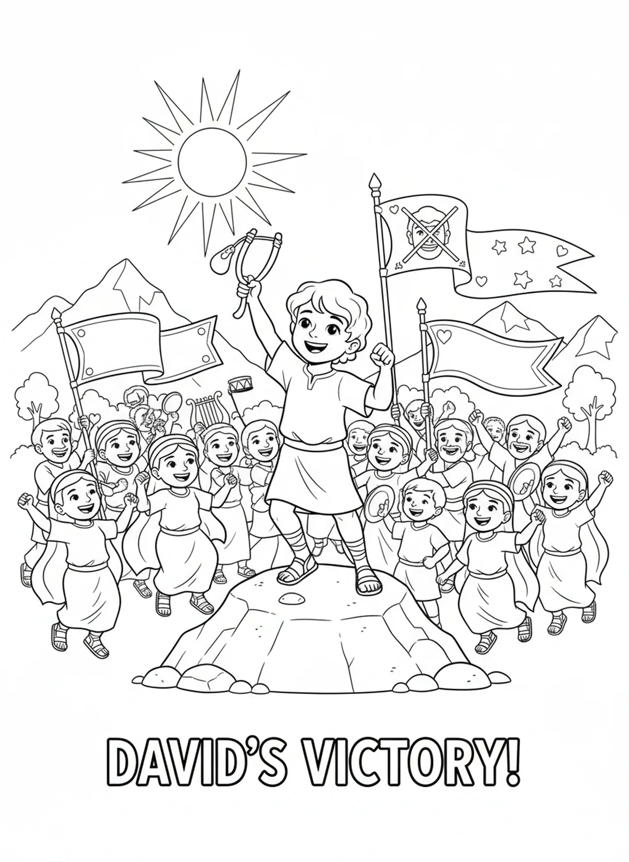 David feiert den Sieg, Ausmalbild von König David für Kinder im Alter von 5-10 Jahren