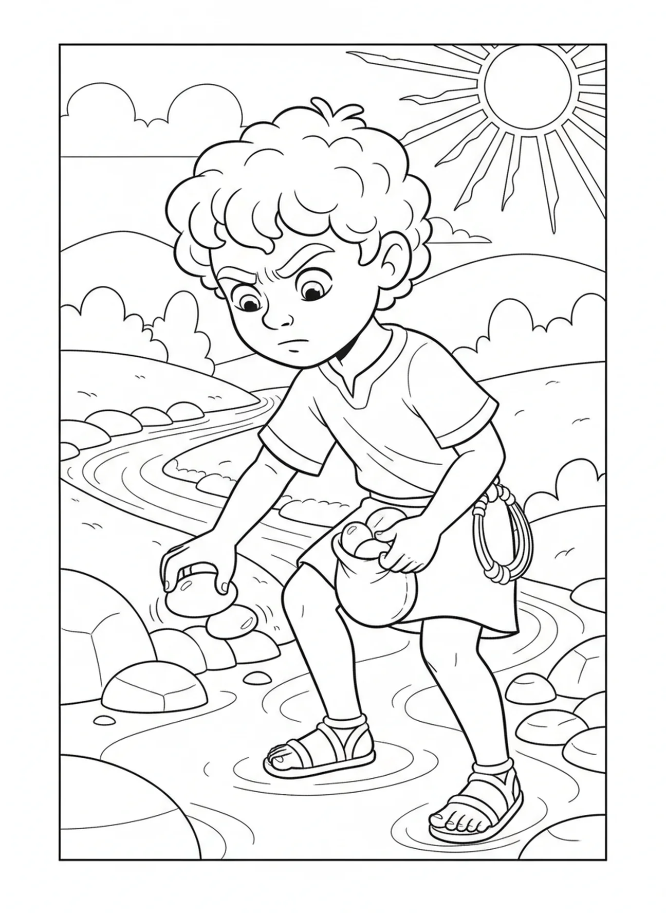 David, der Steine sammelt, Ausmalbild von König David für Kinder im Alter von 5-10 Jahren