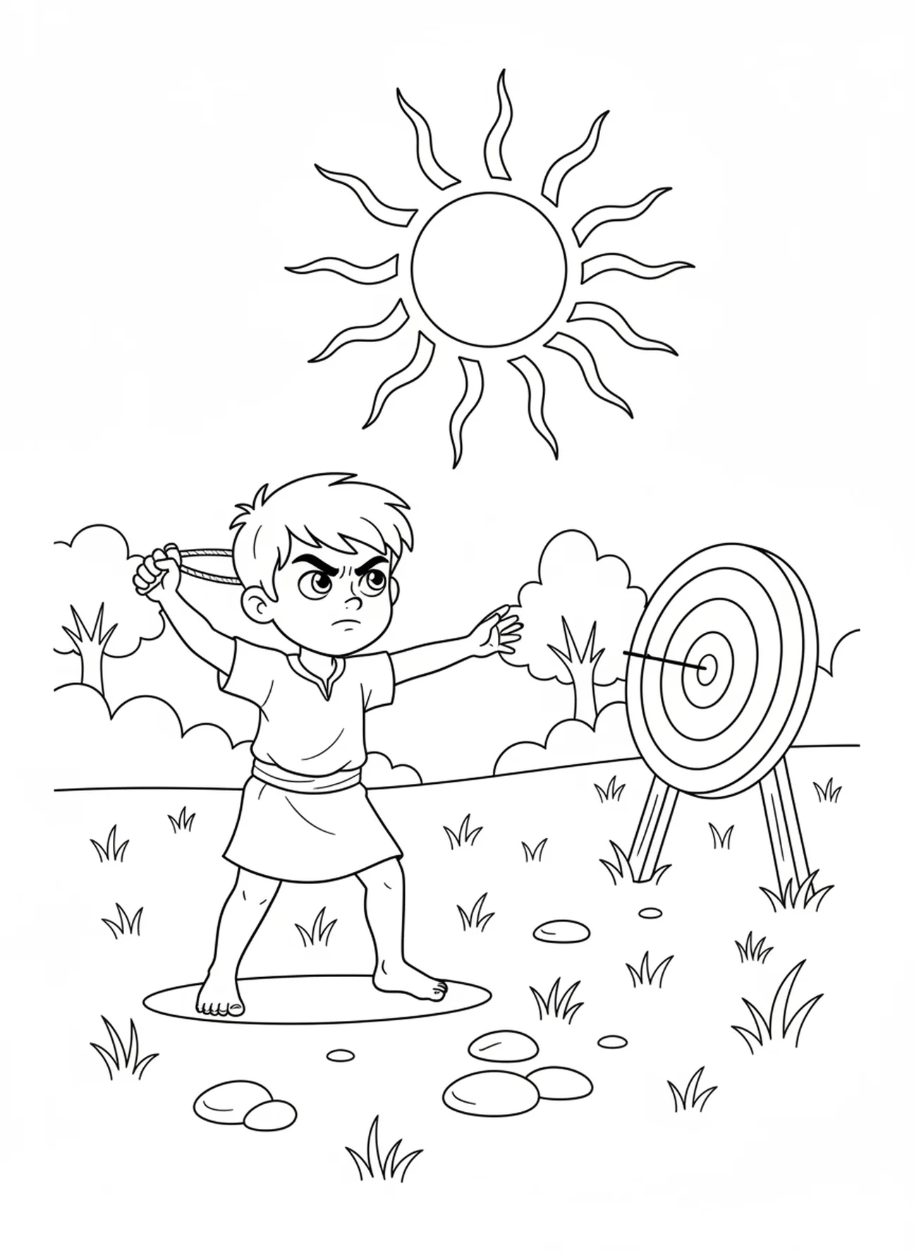 David übt mit seiner Schleuder, Ausmalbild von König David für Kinder im Alter von 5-10 Jahren