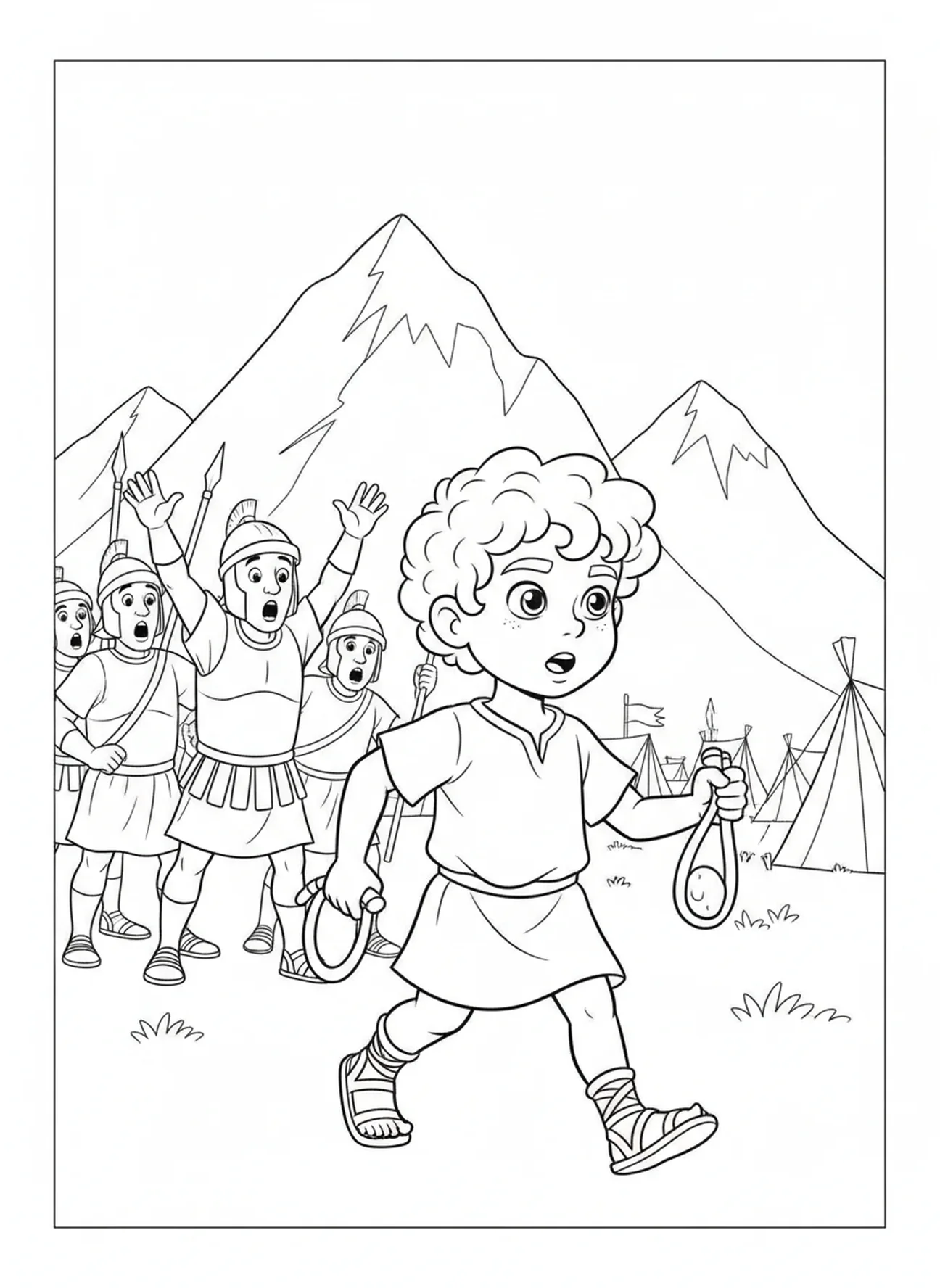 David geht in die Schlacht, Ausmalbild von König David für Kinder im Alter von 5-10 Jahren