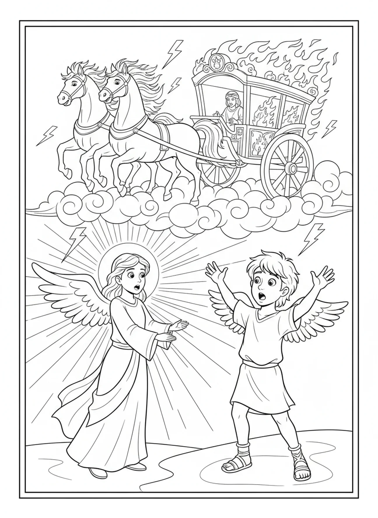 Himmlische Gestalt mit Elia, Ausmalbild von Elias Wagen für Kinder im Alter von 5-10 Jahren