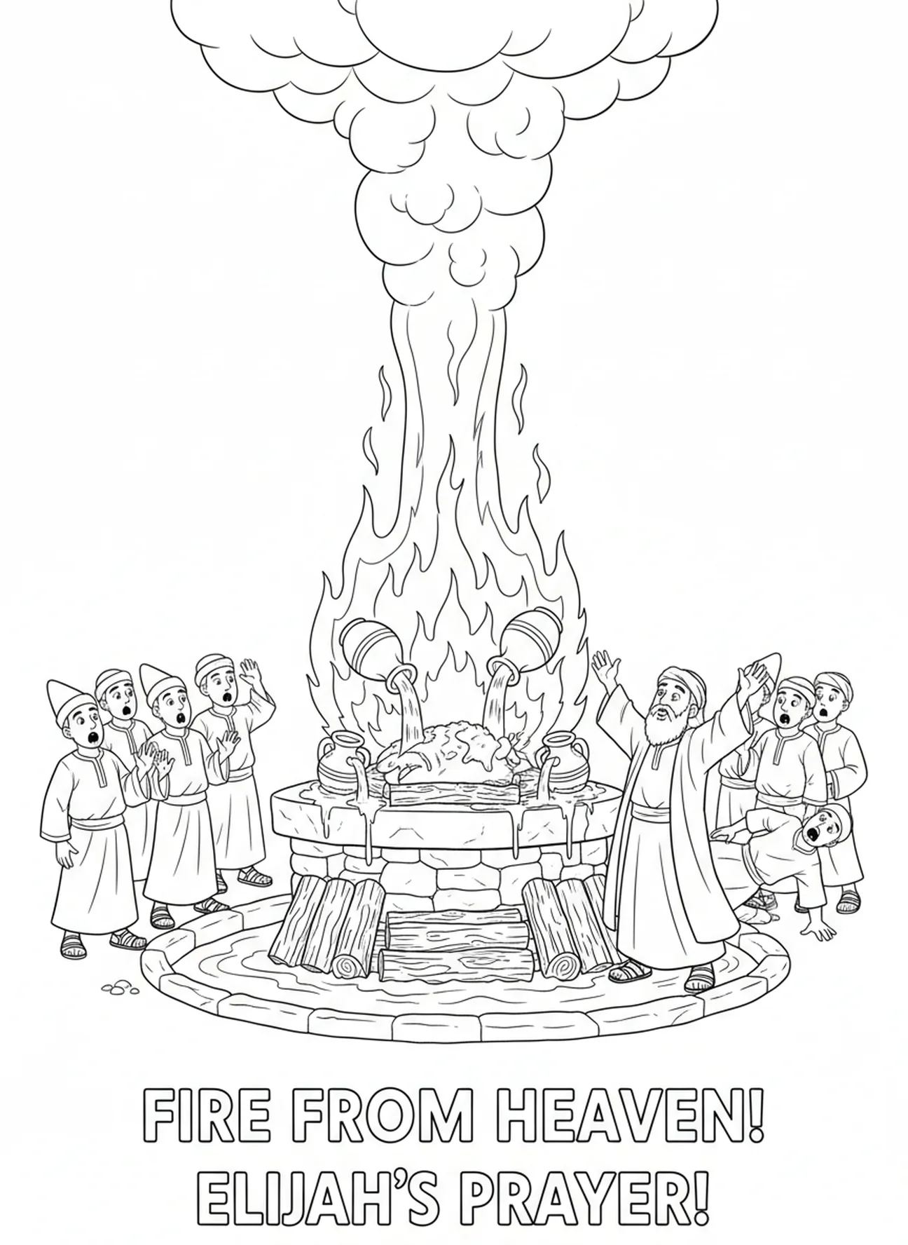 Fire coming down from heaven, Elijah Mt Carmel coloring page for kids age 5-10.