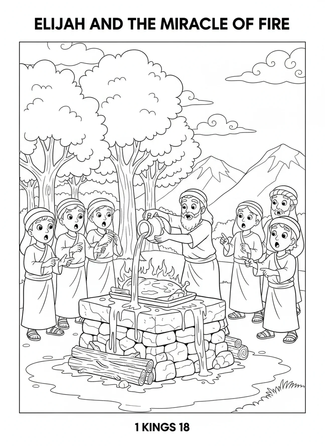 Elijah pouring water over the altar, Elijah Mt Carmel coloring page for kids age 5-10.
