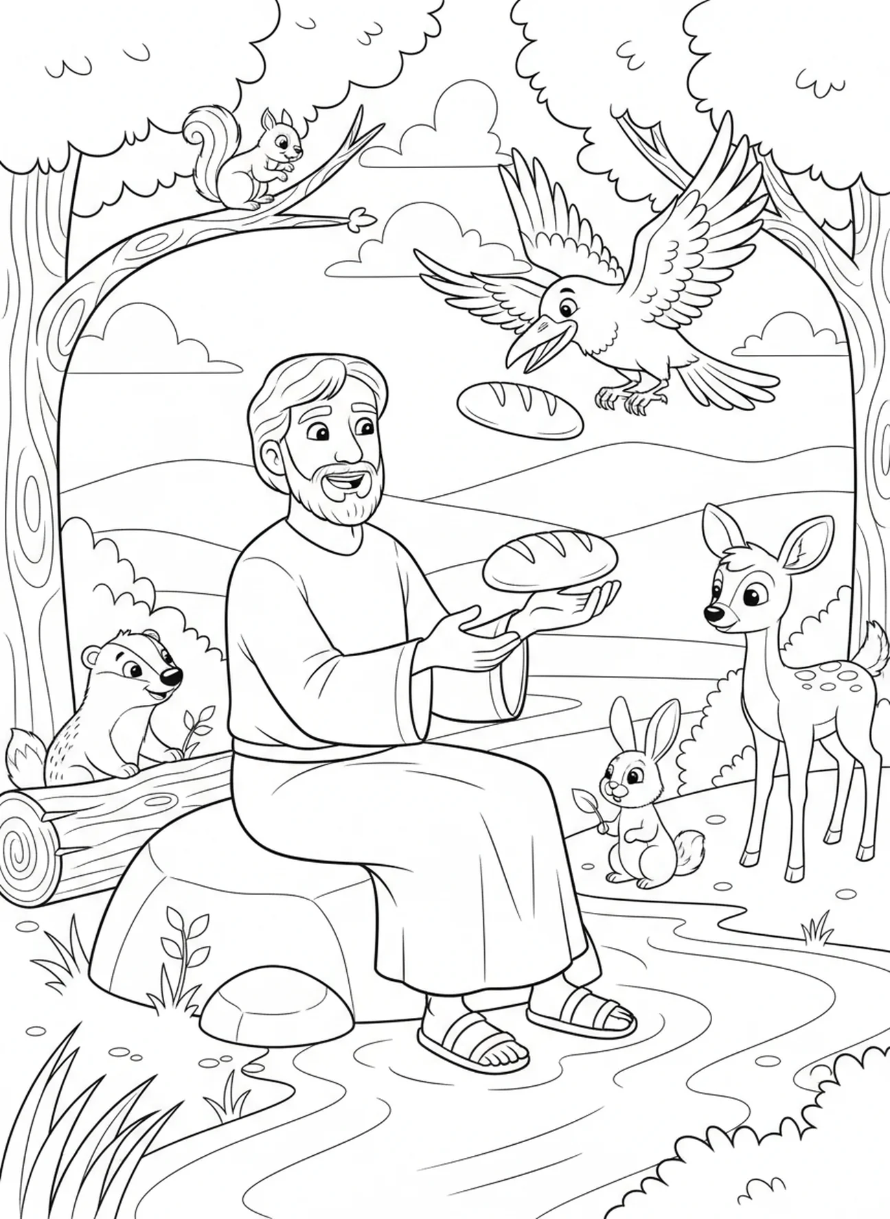 Elijah with animals, Elijah Ravens coloring page for kids age 5-10