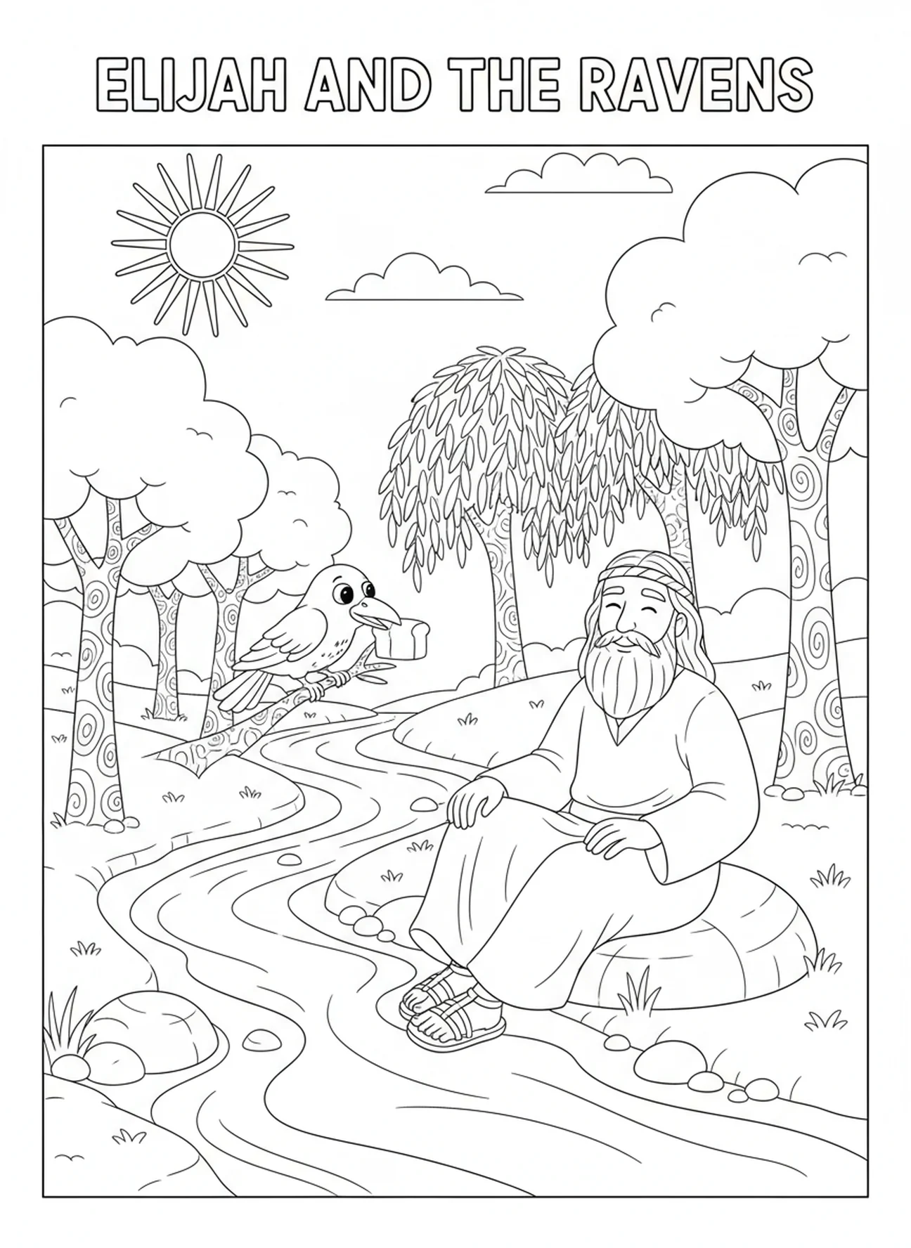 Elijah resting by the brook, Elijah Ravens coloring page for kids age 5-10