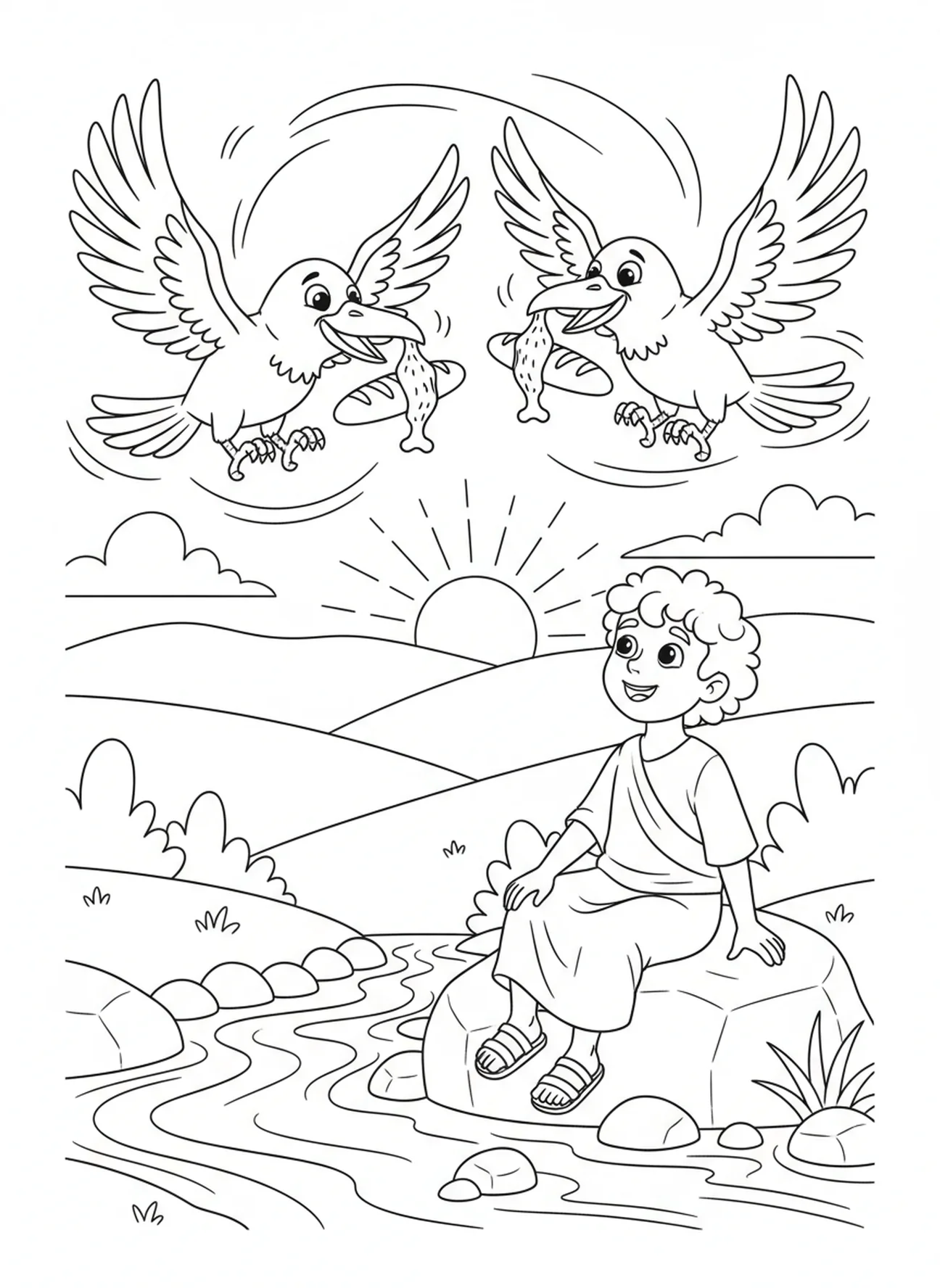 Two cartoon ravens flying, Elijah Ravens coloring page for kids age 5-10