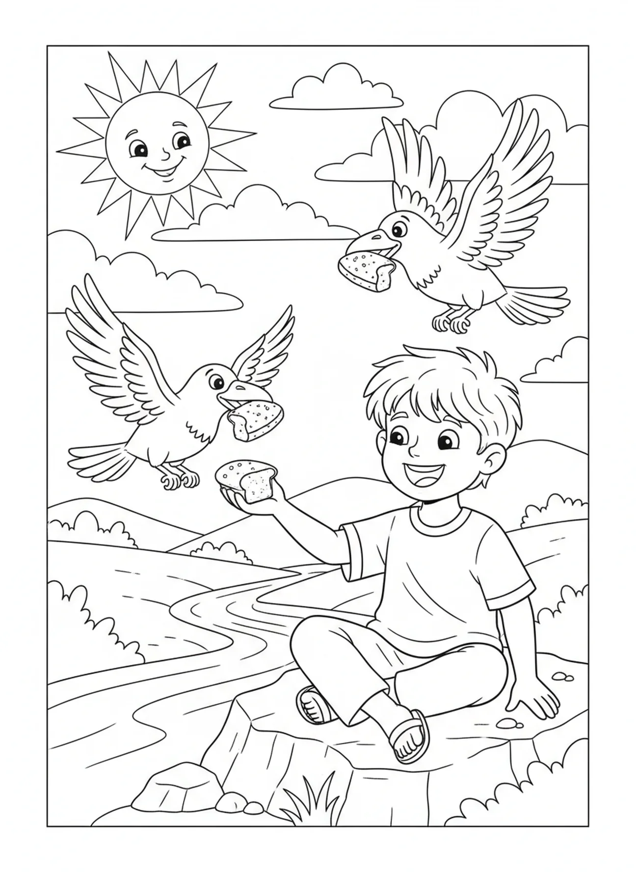 Elijah smiling with ravens, Elijah Ravens coloring page for kids age 5-10