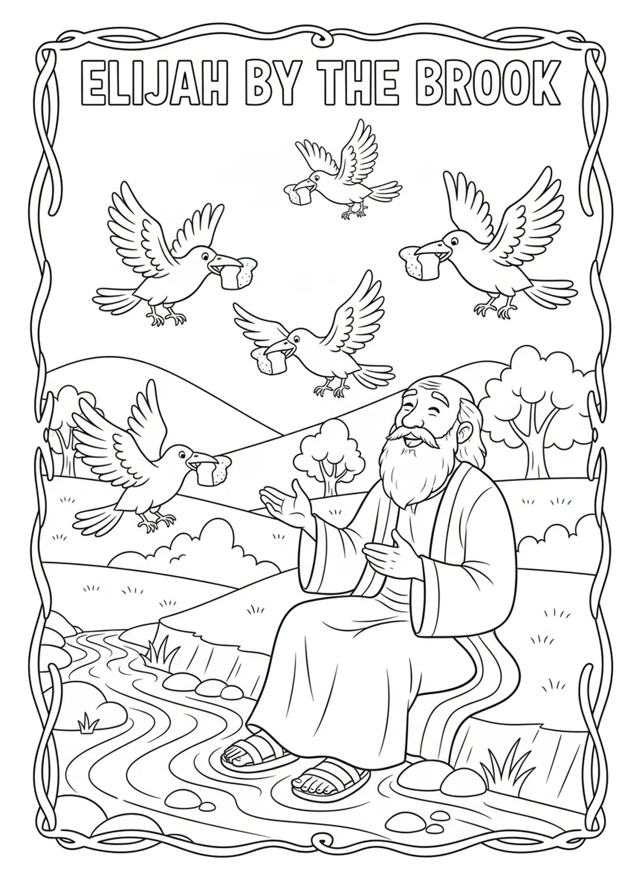 Elijah by the brook, Elijah Ravens coloring page for kids age 5-10