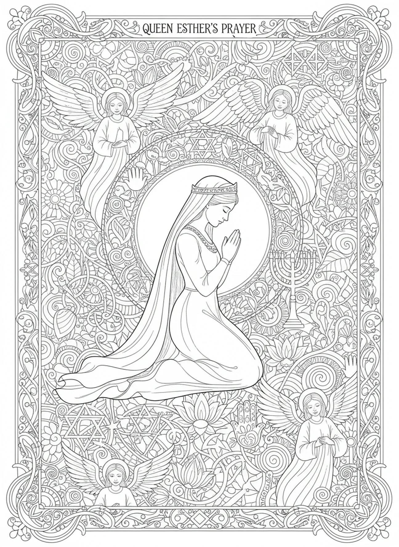Esther im Gebet, Ausmalbild für Erwachsene im Bibel-Journaling-Stil