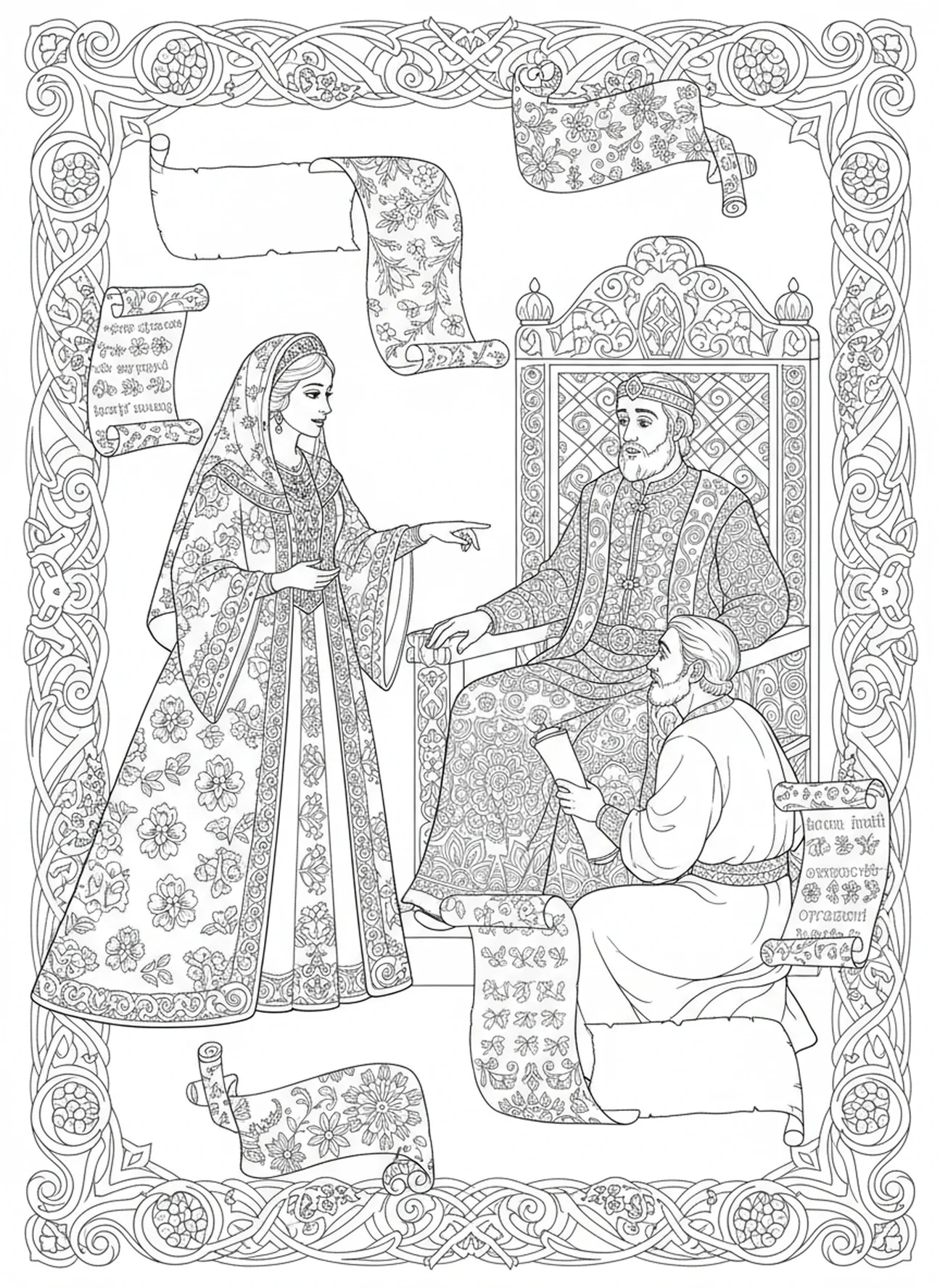 Esther enthüllt den Plan, Ausmalbild von Esther für Erwachsene im Bibel-Journaling-Stil