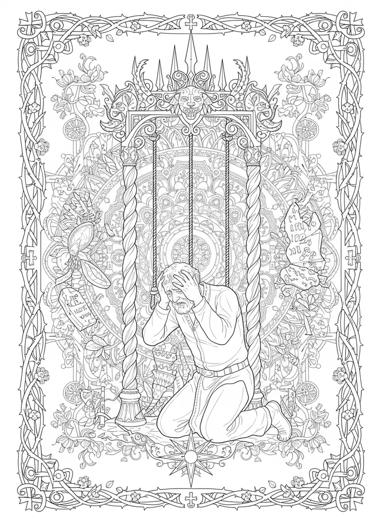 Haman in Not, Ausmalbild für Erwachsene im Bibel-Journaling-Stil