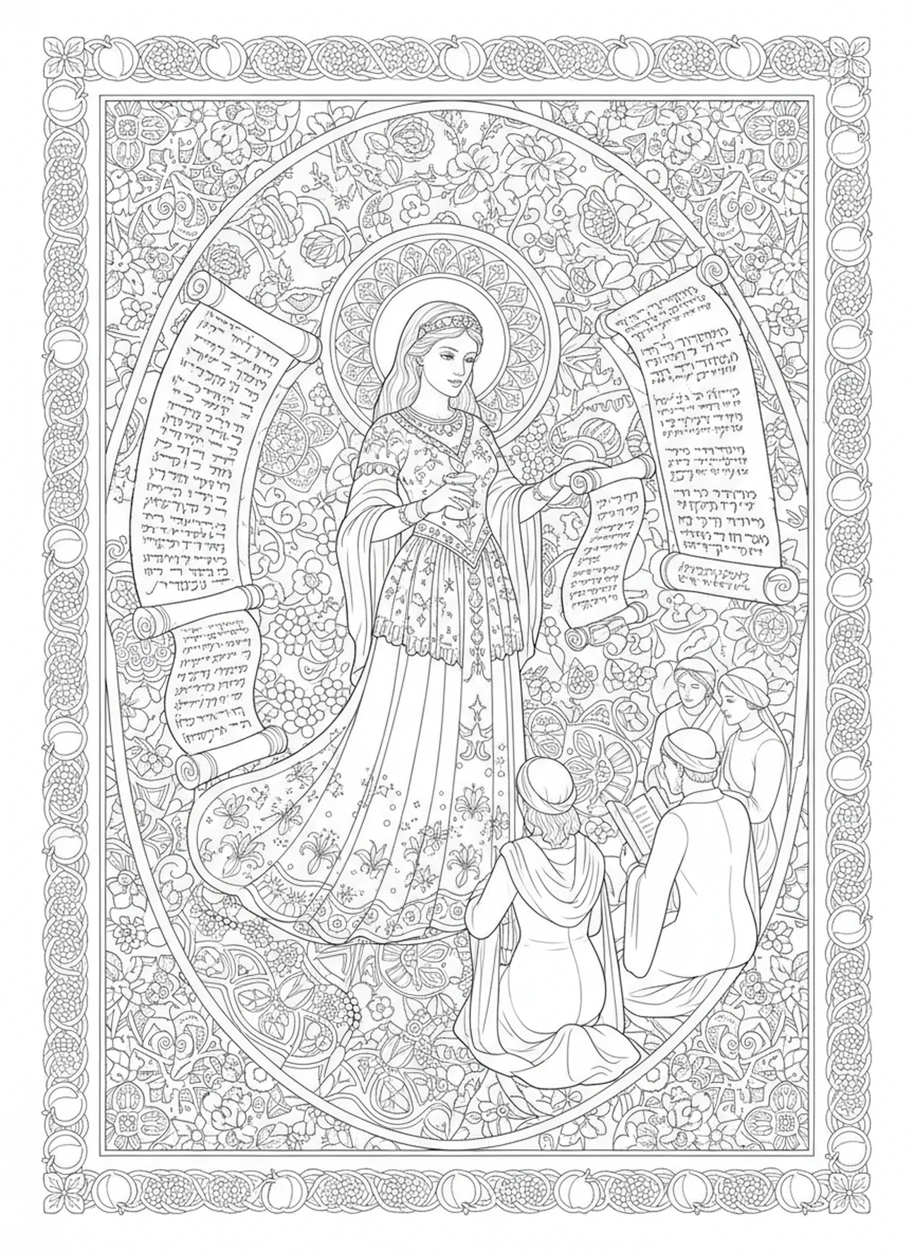 Esther präsentiert das Dekret, Ausmalbild für Erwachsene im Bibel-Journaling-Stil