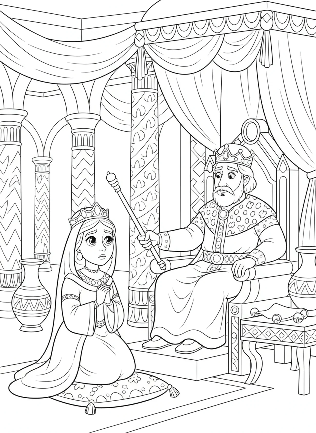 Esther kneeling, Esther coloring page for kids age 5-10