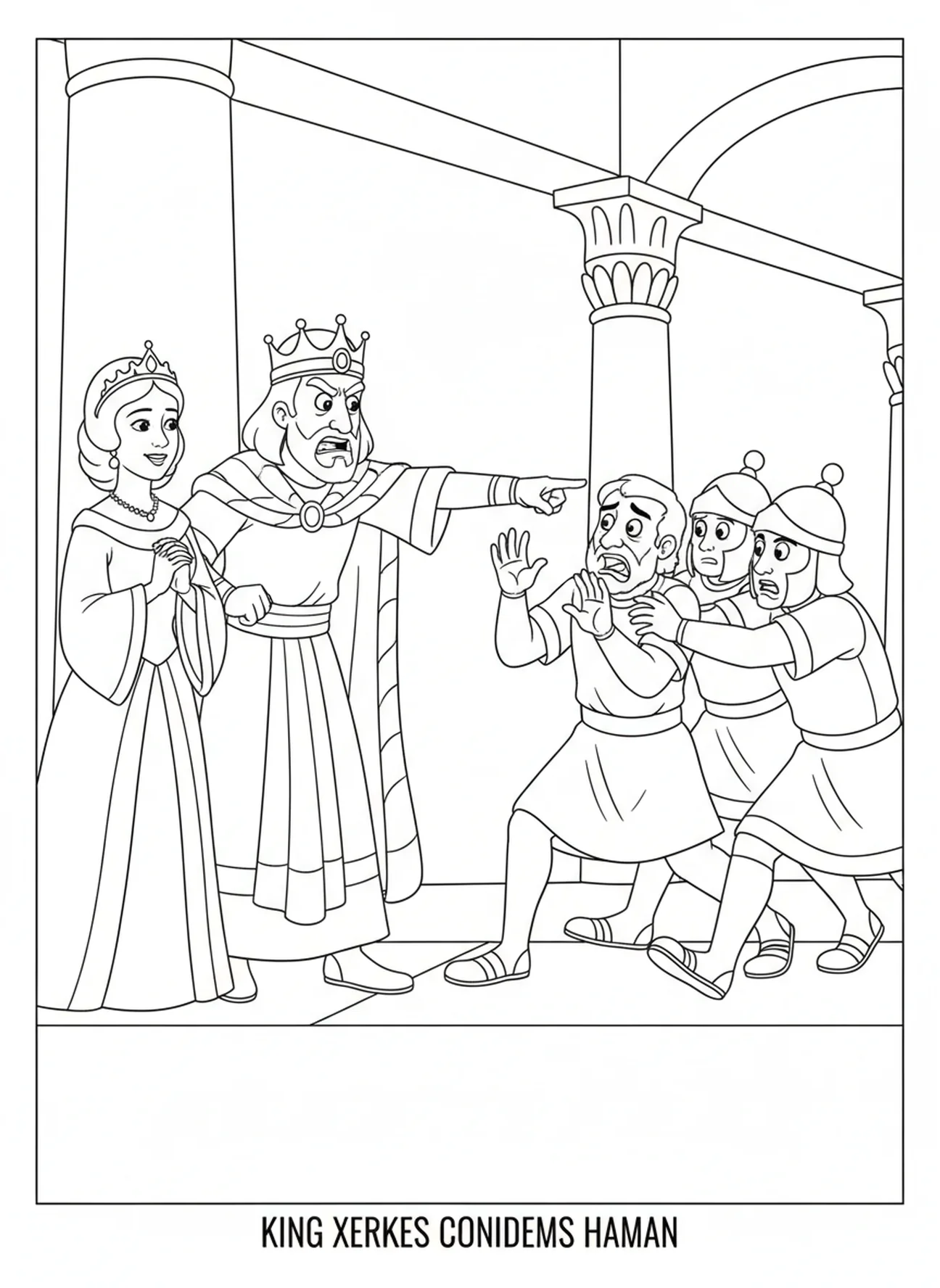 King Xerxes pointing at Haman, Esther coloring page for kids age 5-10