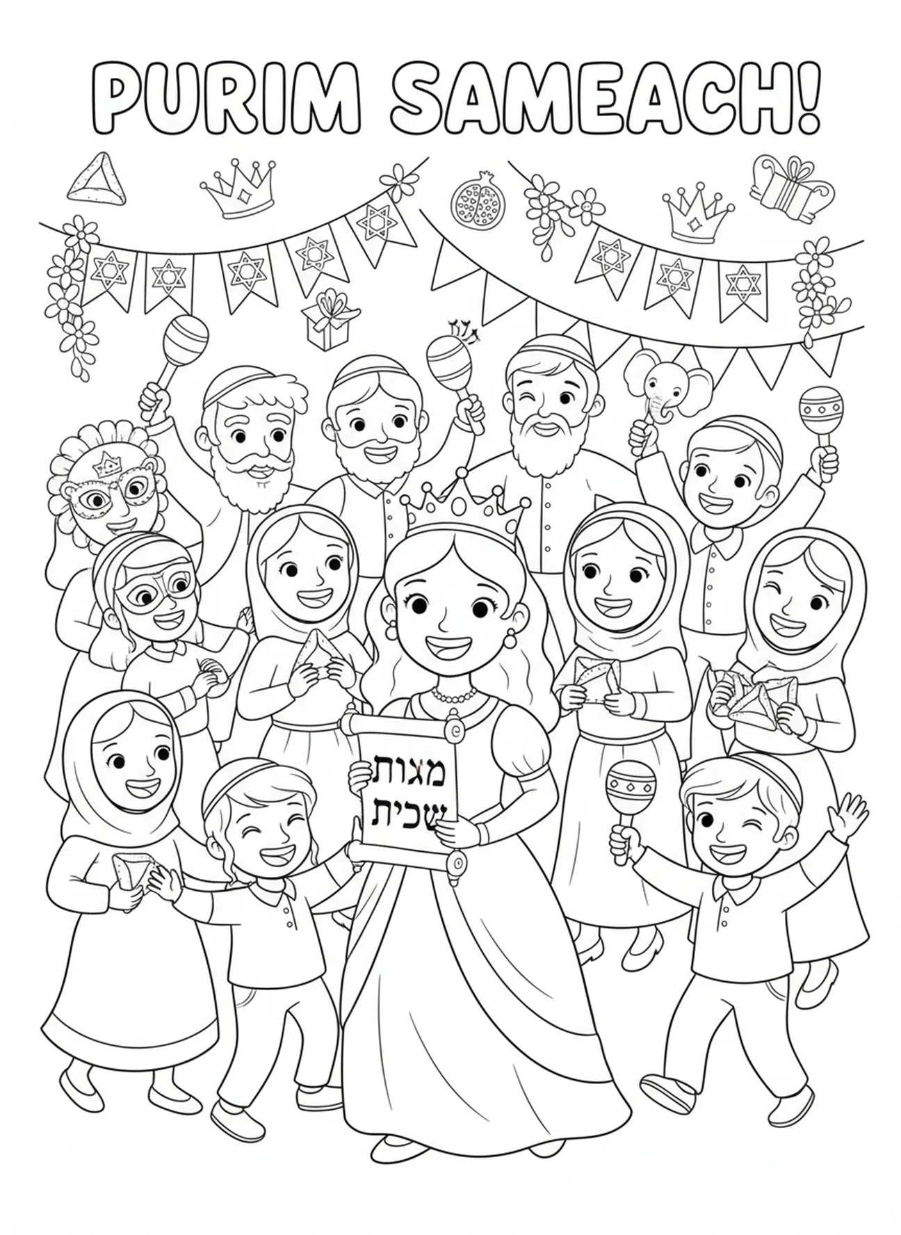Jewish families celebrating, Esther coloring page for kids age 5-10