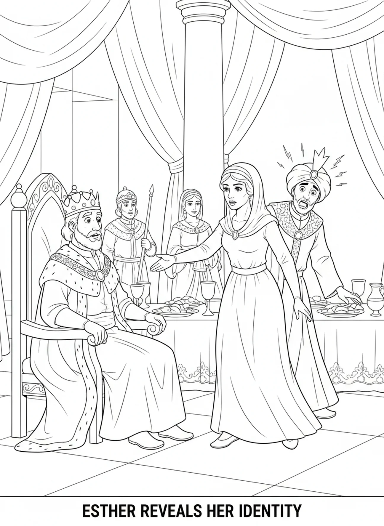 Esther revealing her identity, Esther coloring page for kids age 5-10