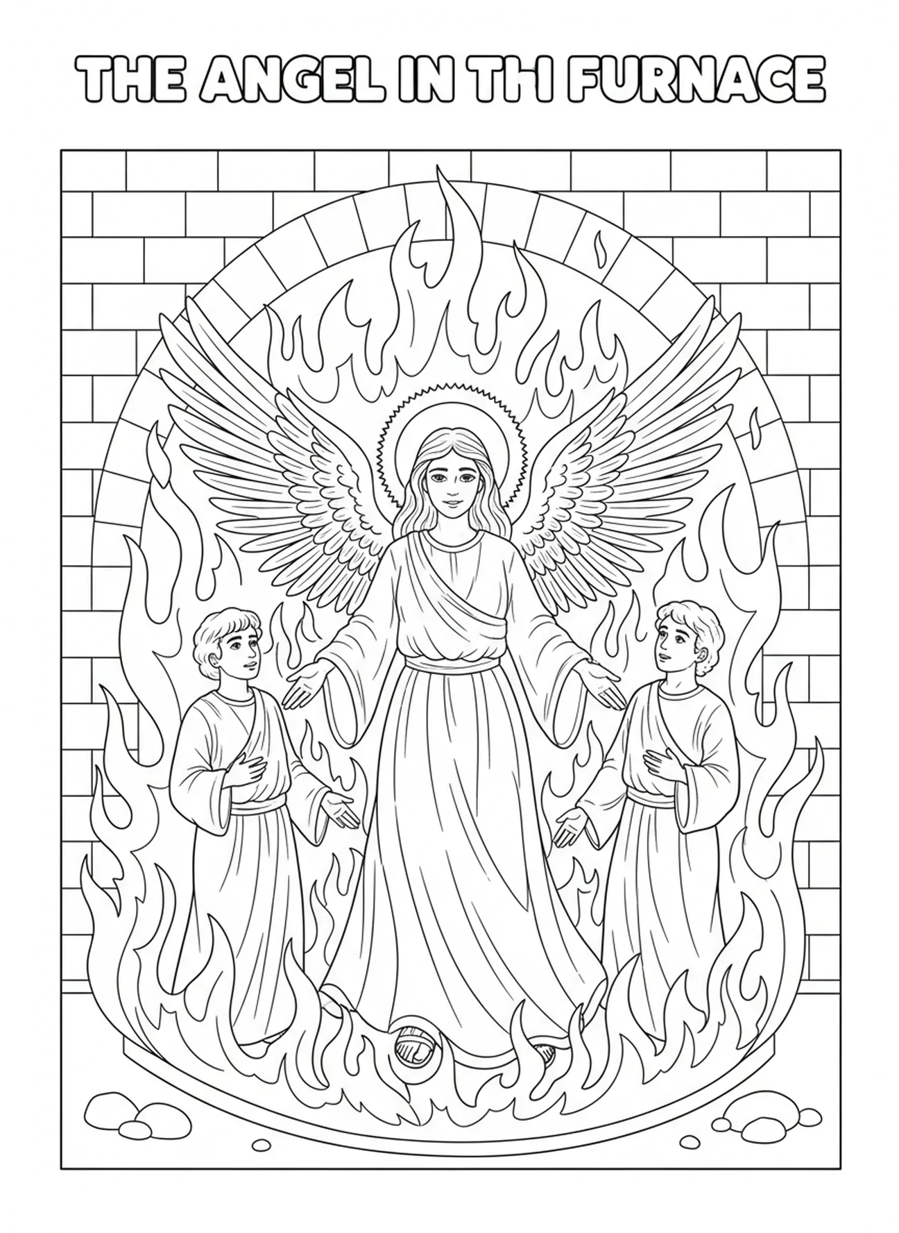 Ein Engel in den Flammen, Ausmalbild vom feurigen Ofen für Kinder im Alter von 5-10 Jahren.