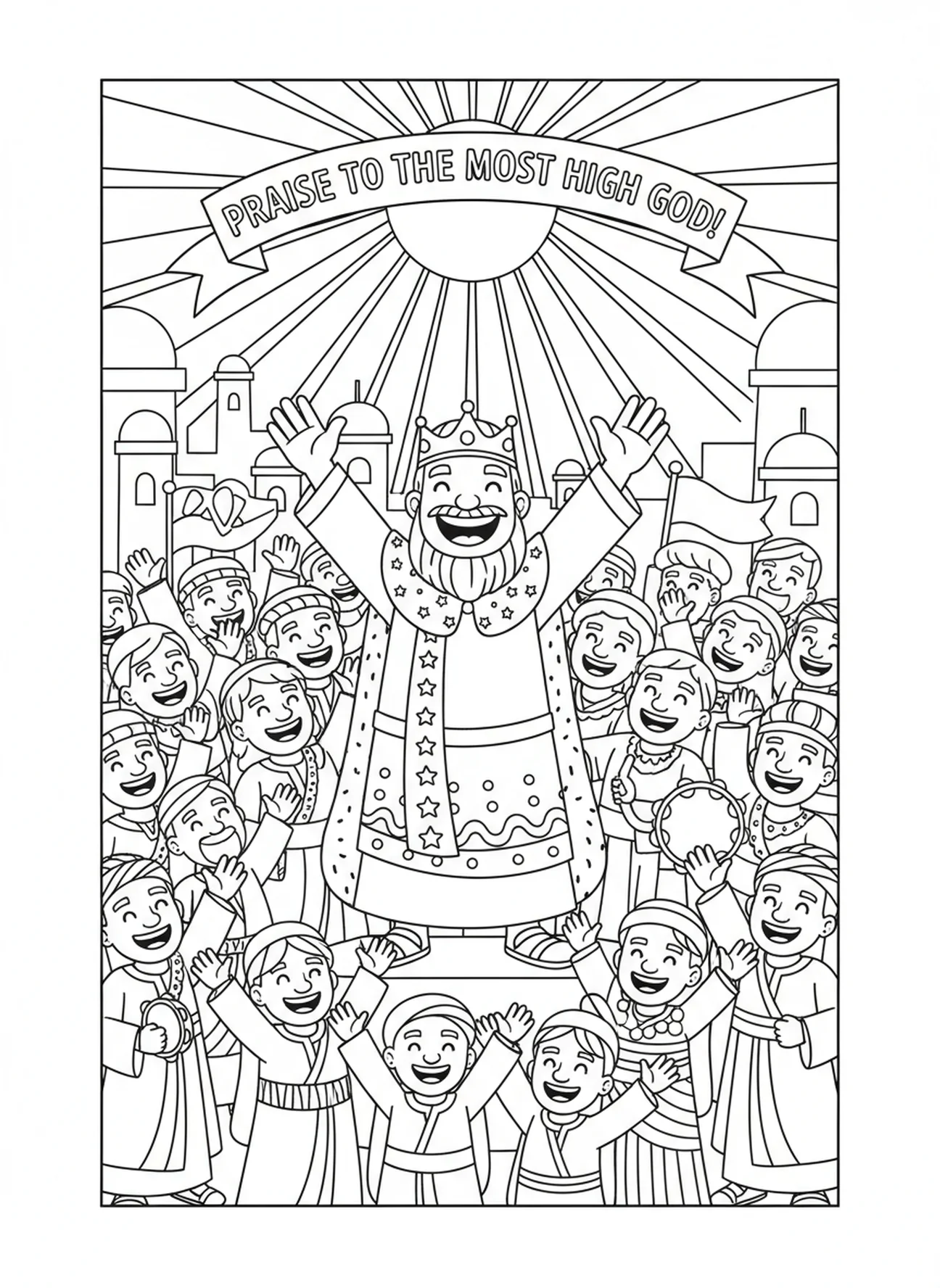 König Nebukadnezar lobt, Ausmalbild vom feurigen Ofen für Kinder im Alter von 5-10 Jahren.