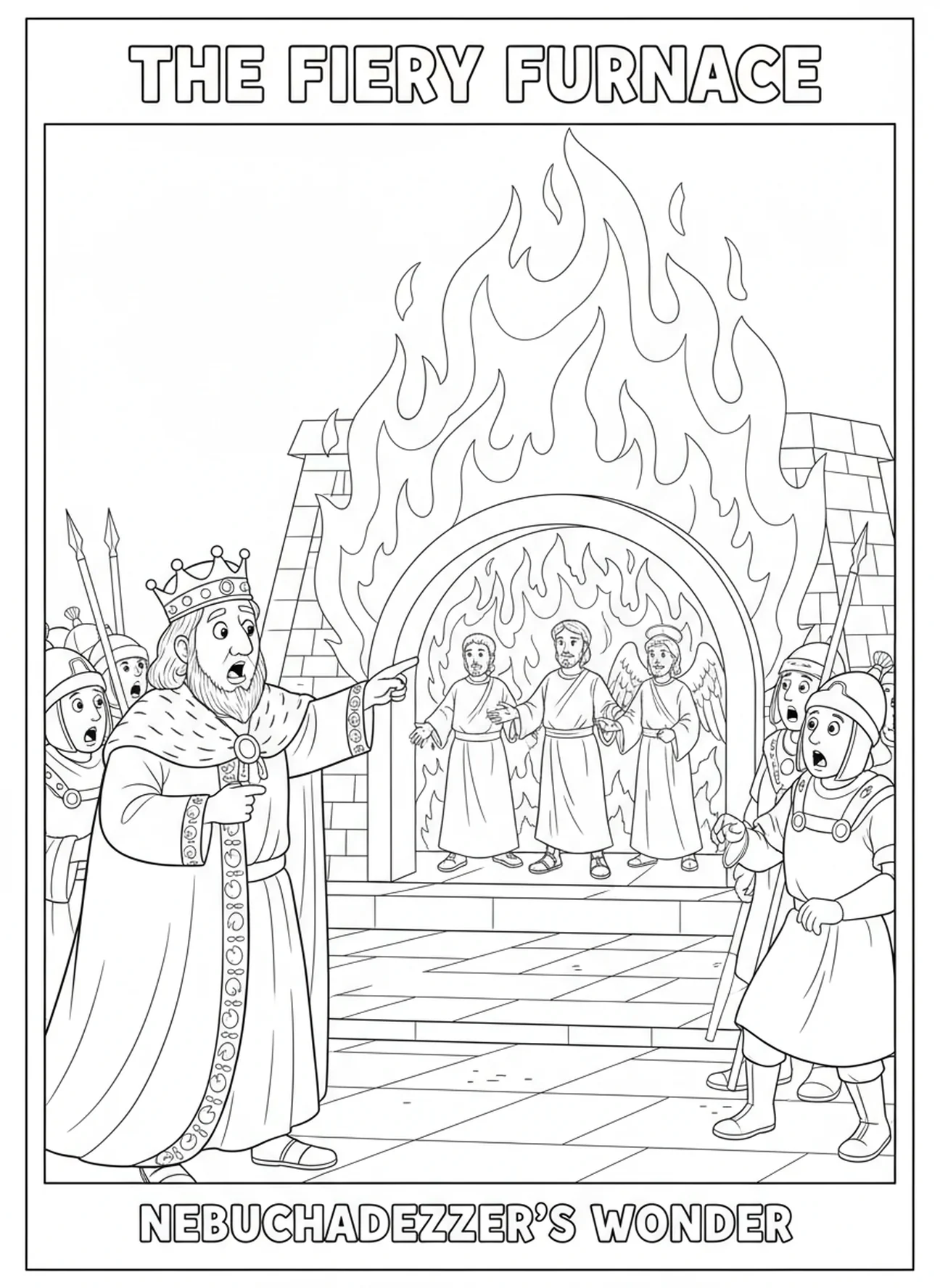 König Nebukadnezar beobachtet, Ausmalbild vom feurigen Ofen für Kinder im Alter von 5-10 Jahren.