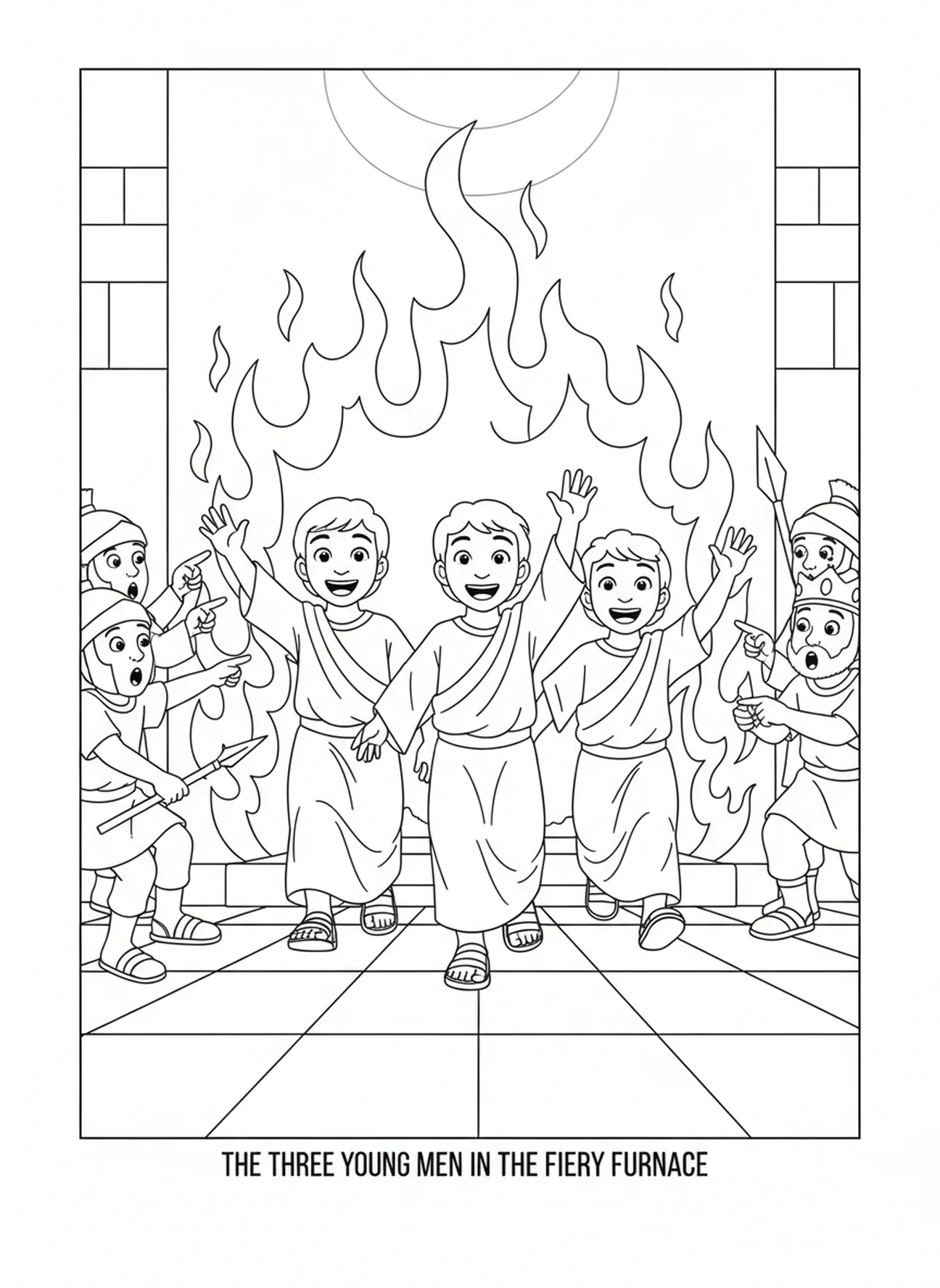 Drei junge Männer verlassen unversehrt den Feuerofen, Ausmalbild für Kinder im Alter von 5-10 Jahren.