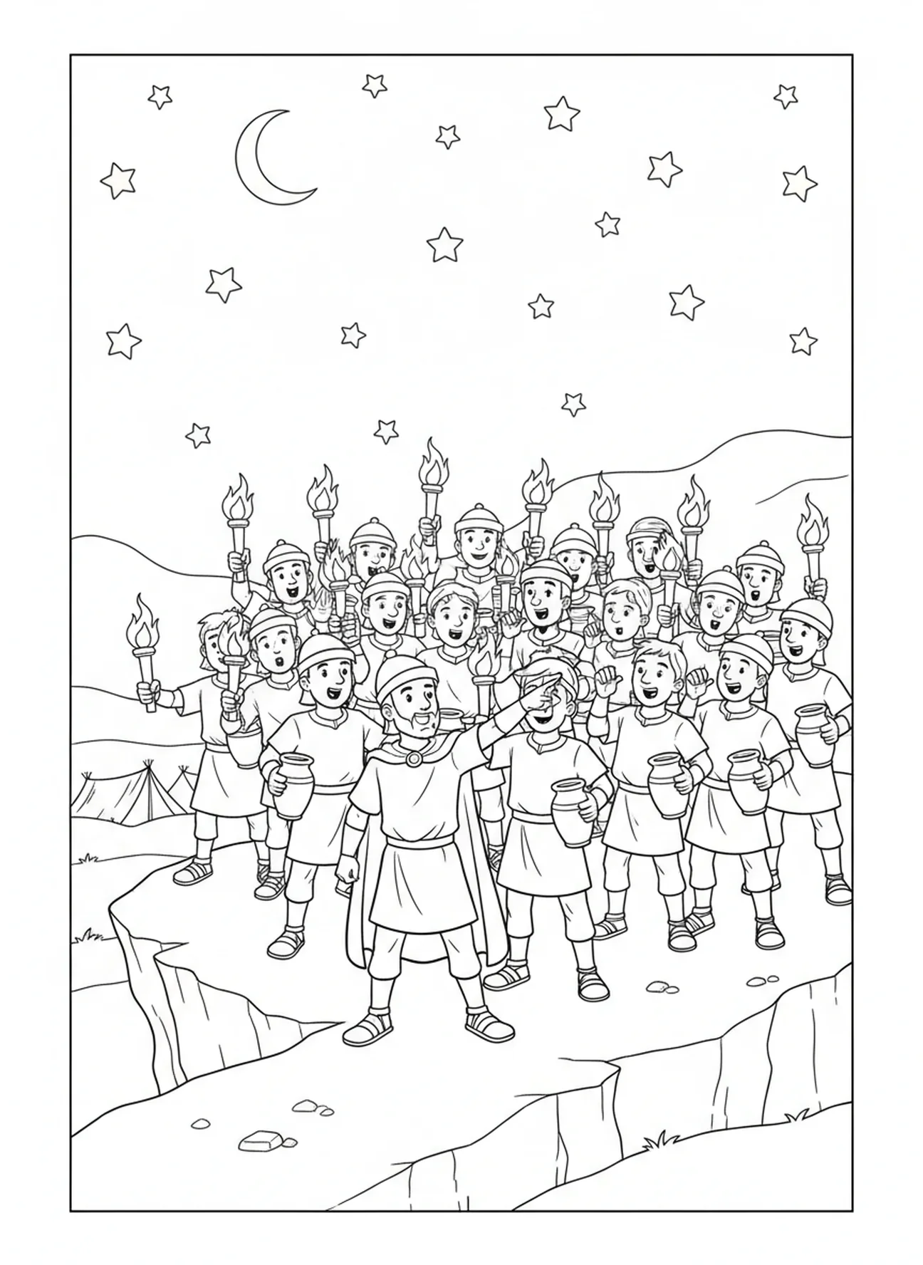 Gideon und seine Soldaten mit Fackeln, Gideon Malvorlage für Kinder im Alter von 5-10 Jahren.