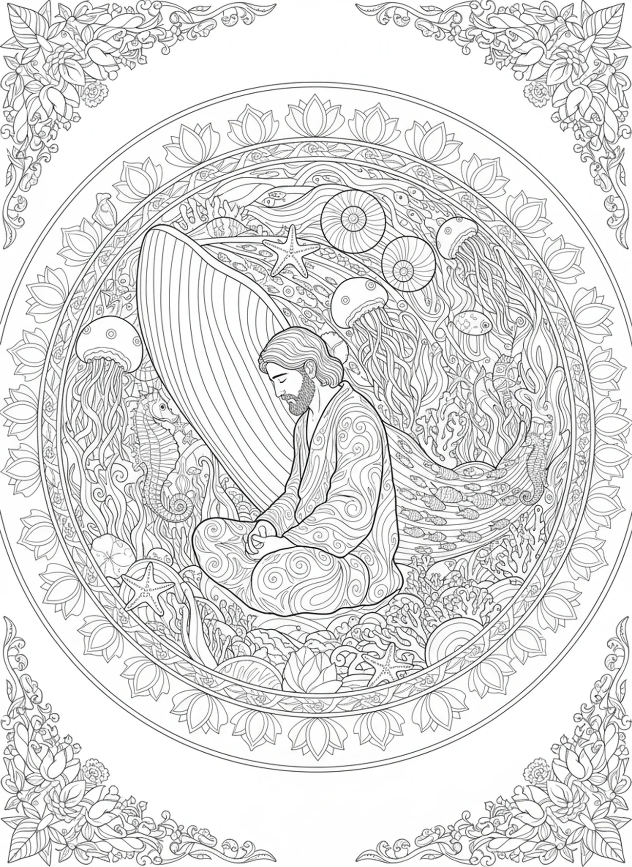 Jonah inside the whale, Jonah And Whale coloring page for adults Bible journaling style.