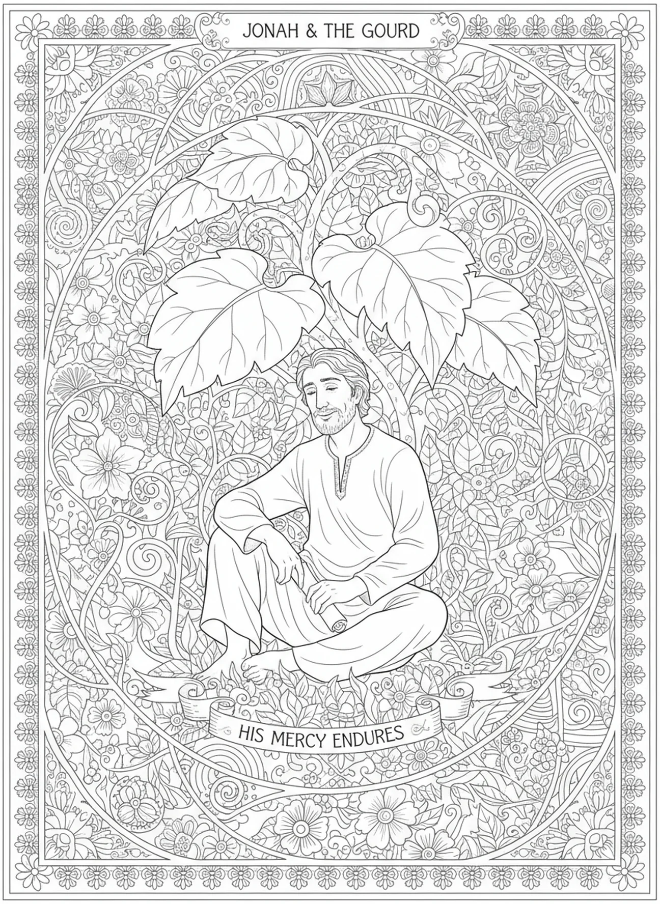 Jonah under a leafy plant, Jonah And Whale coloring page for adults Bible journaling style.