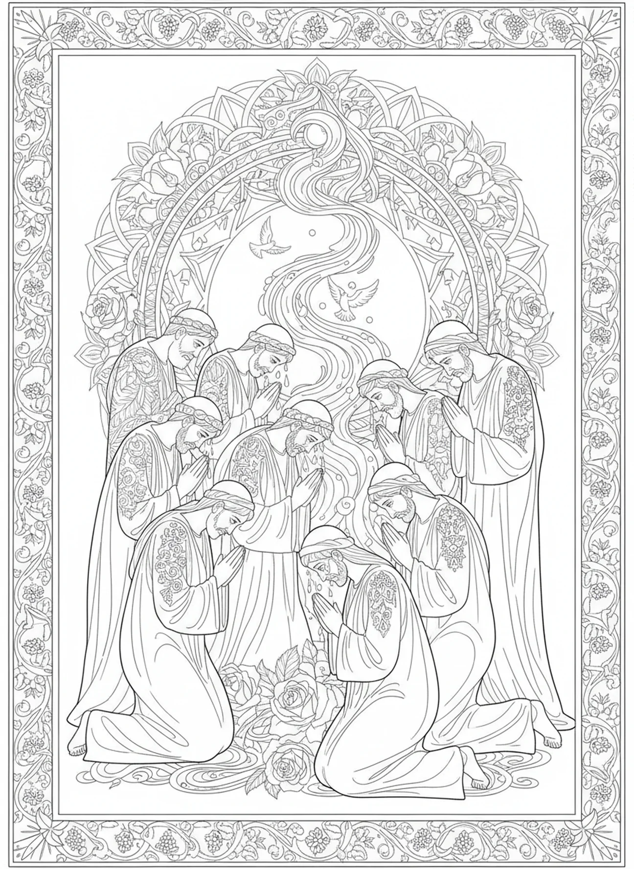 People of Nineveh repenting, Jonah And Whale coloring page for adults Bible journaling style.
