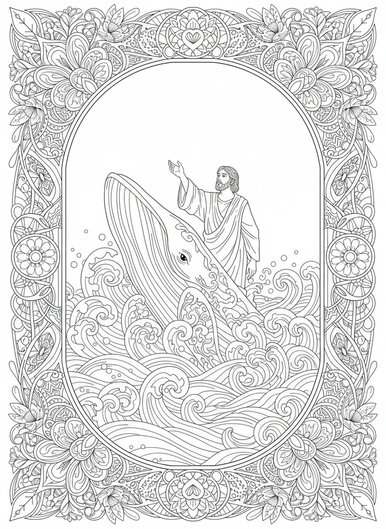 Whale surfacing with Jonah, Jonah And Whale coloring page for adults Bible journaling style.