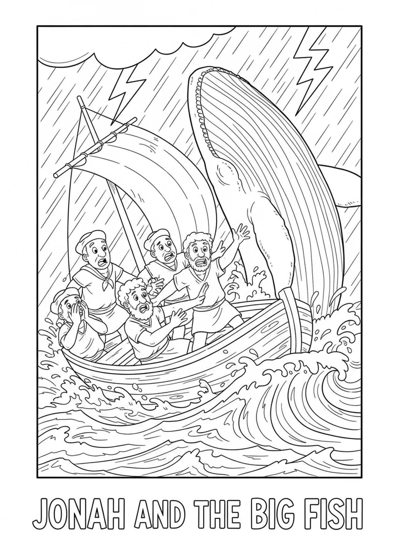 Bange zeelieden op een boot, Jona en de Walvis kleurplaat voor kinderen van 5-10 jaar.