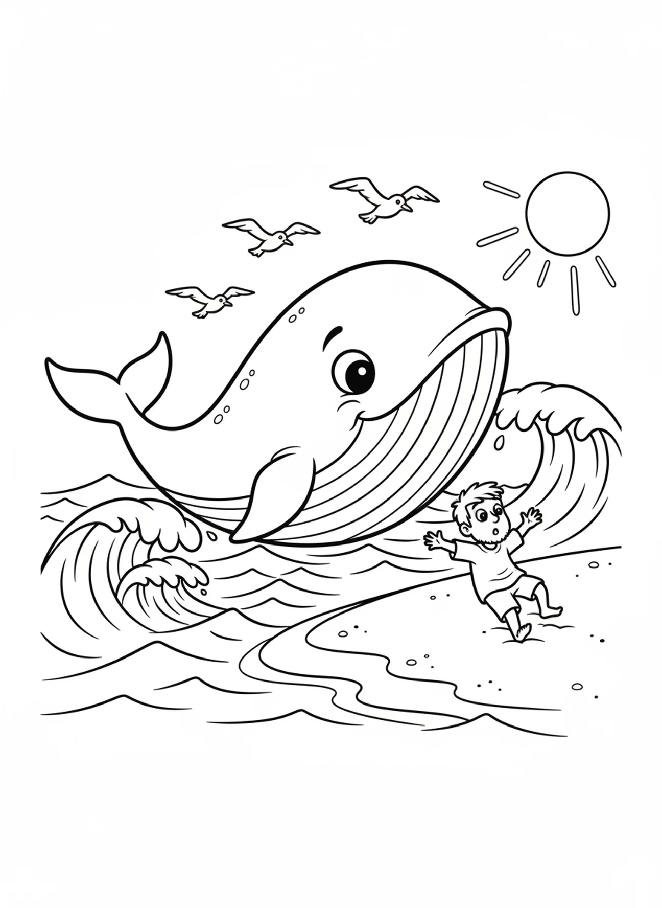 Walvis die Jona op het strand spuugt, Jona en Walvis kleurplaat voor kinderen van 5-10 jaar.