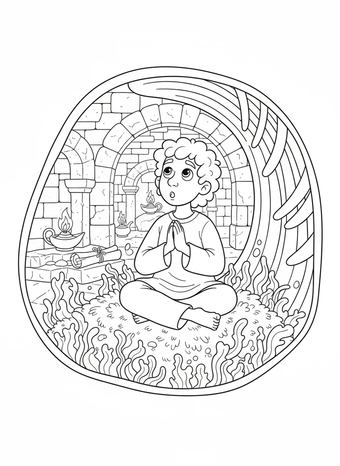Surprised Jonah inside whale, Jonah And Whale coloring page for Sunday school children age 5-12.