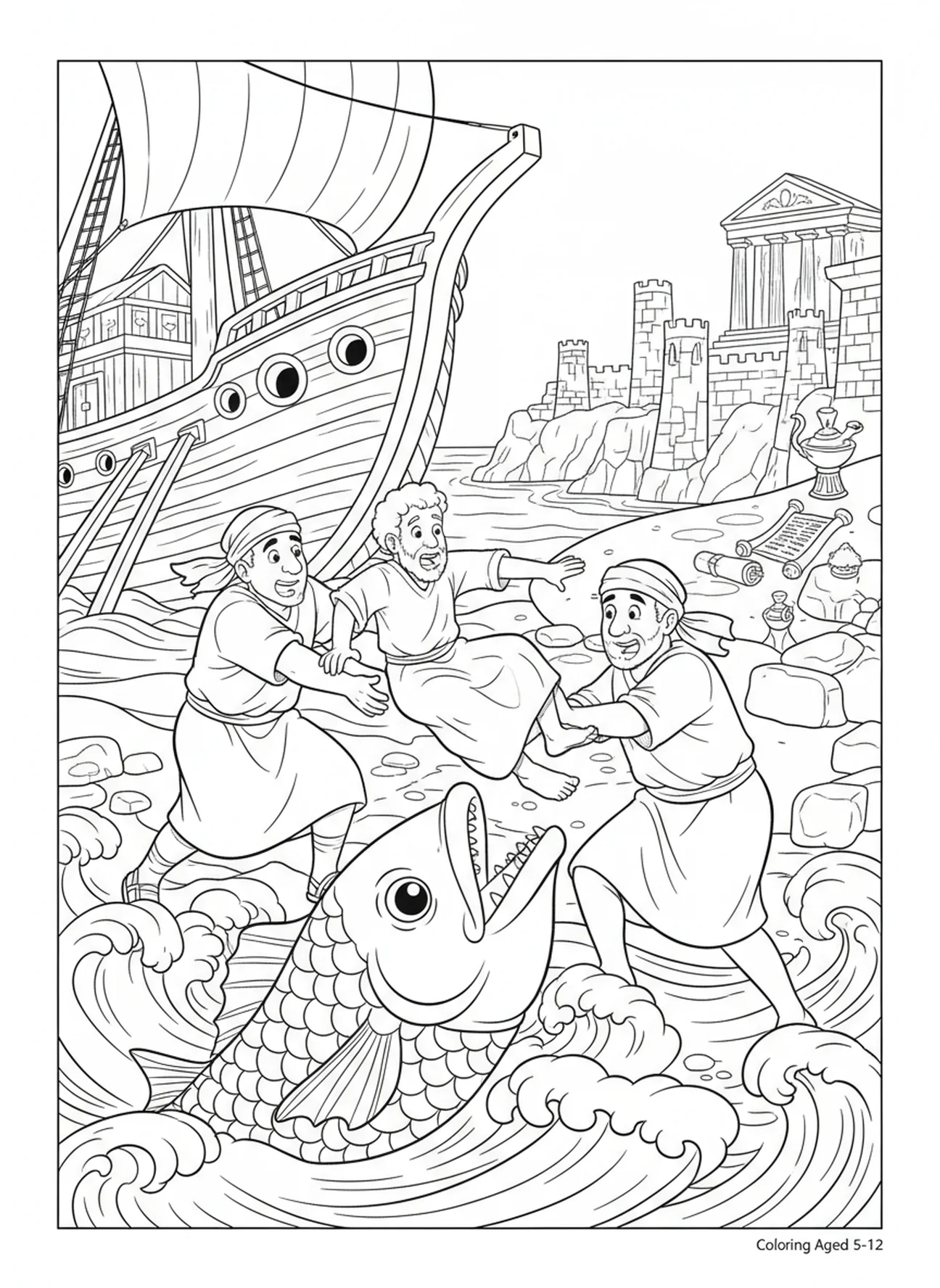 Jonah being thrown overboard, Jonah And Whale coloring page for Sunday school children age 5-12.