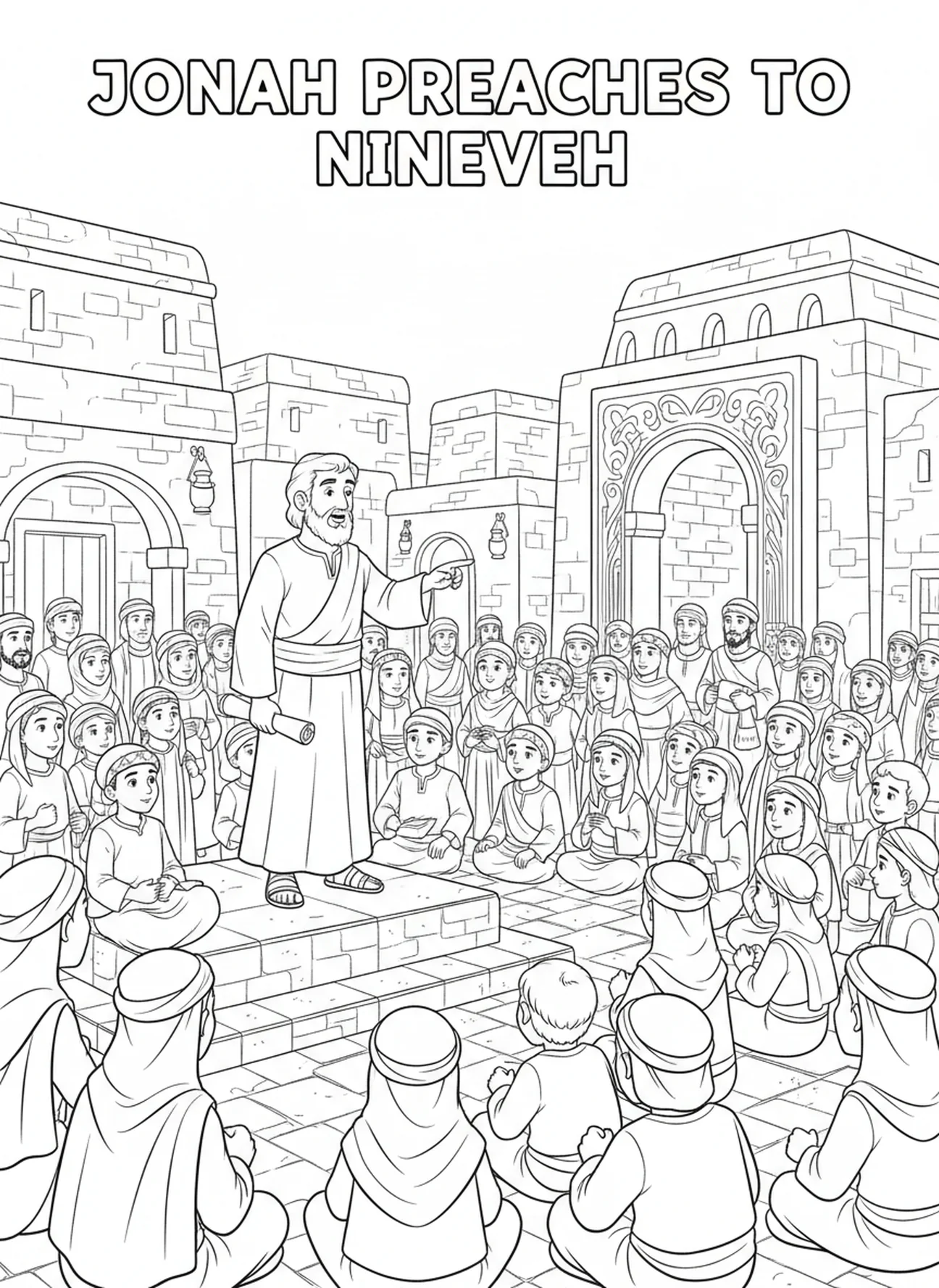 Jonah preaching to Nineveh, Jonah And Whale coloring page for Sunday school children age 5-12.