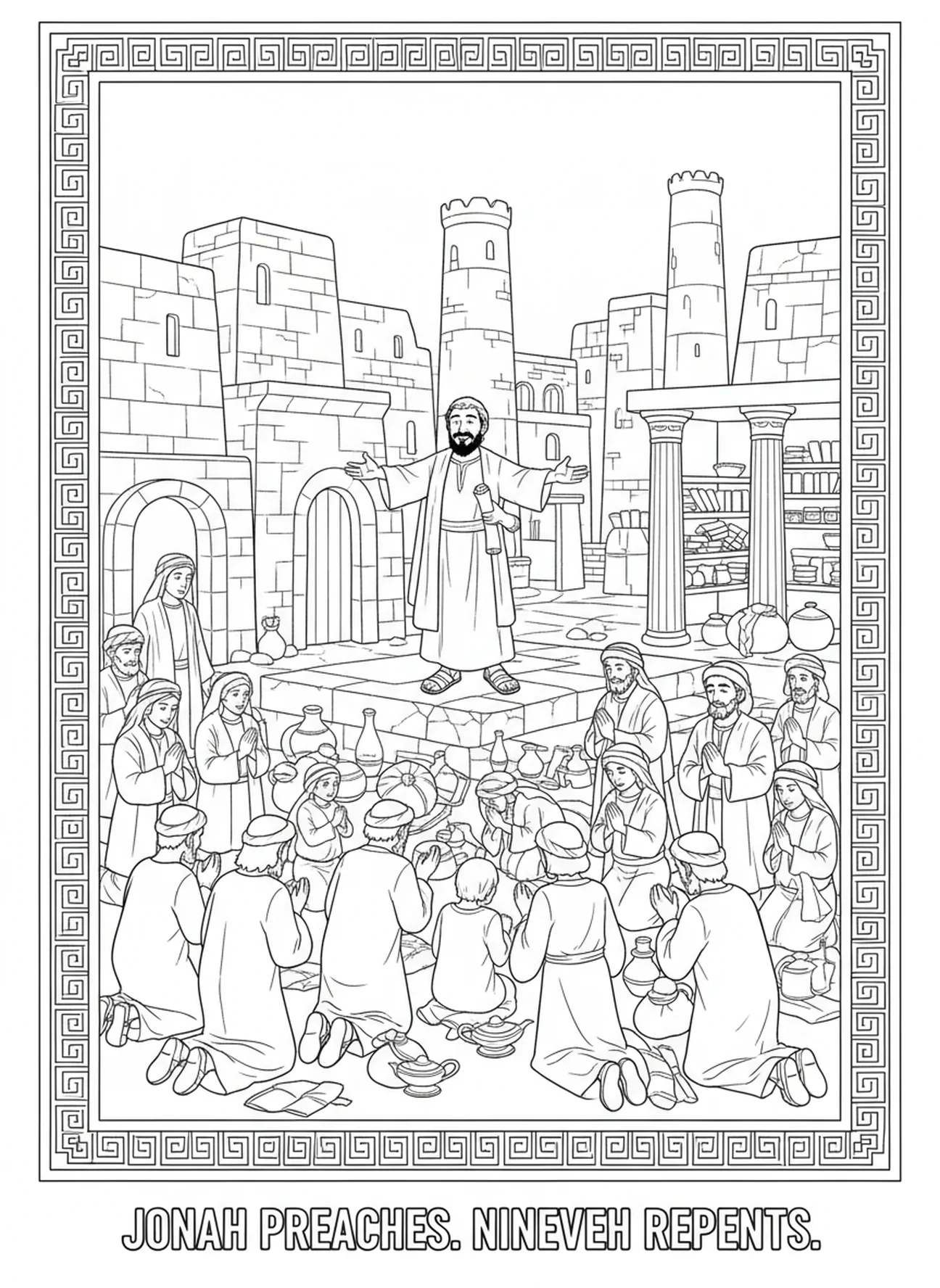 People of Nineveh repenting, Jonah And Whale coloring page for Sunday school children age 5-12.