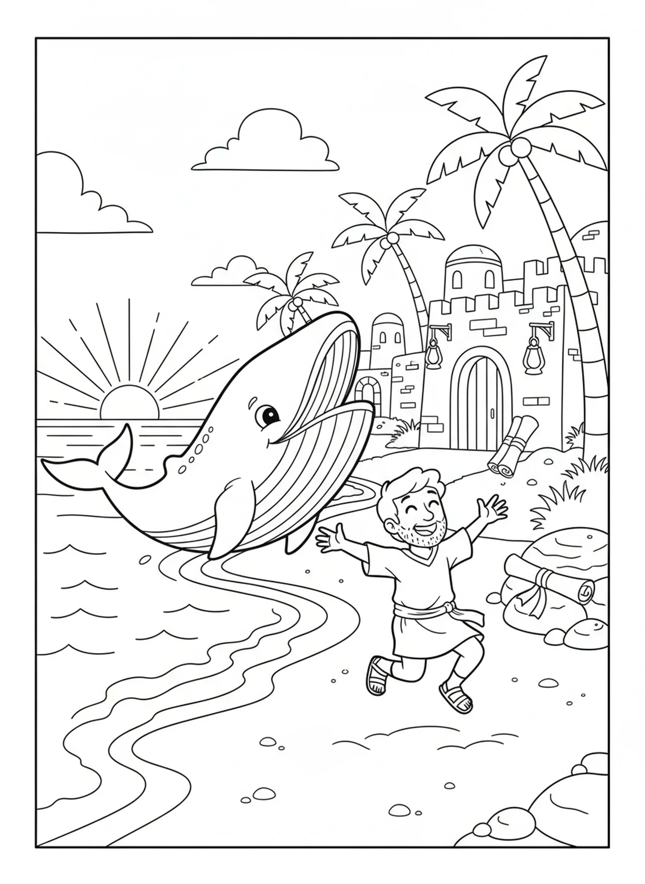 Whale spitting Jonah onto shore, Jonah And Whale coloring page for Sunday school children age 5-12.