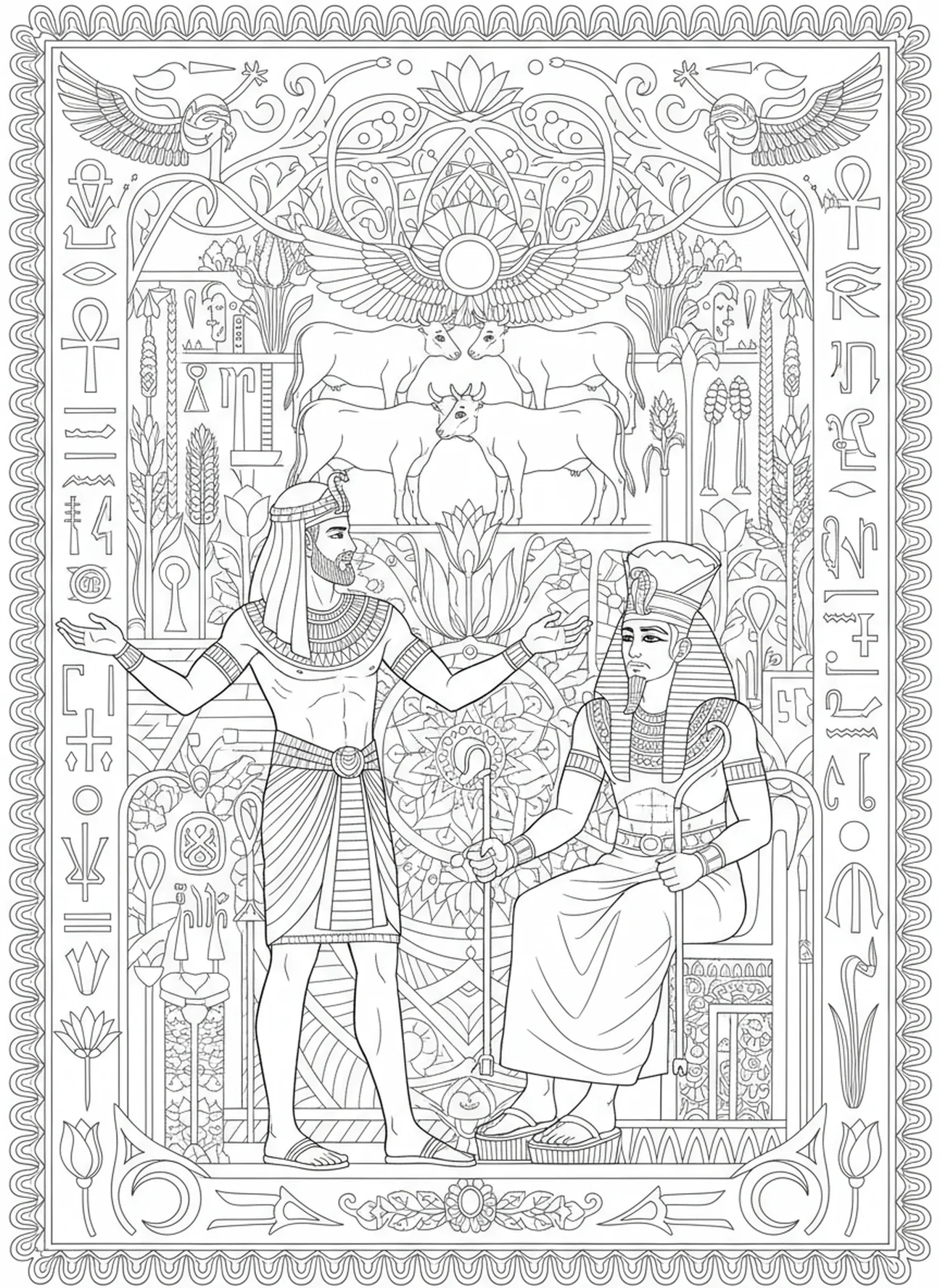 Joseph interpreting dreams for Pharaoh, Joseph coloring page for adults Bible journaling style.
