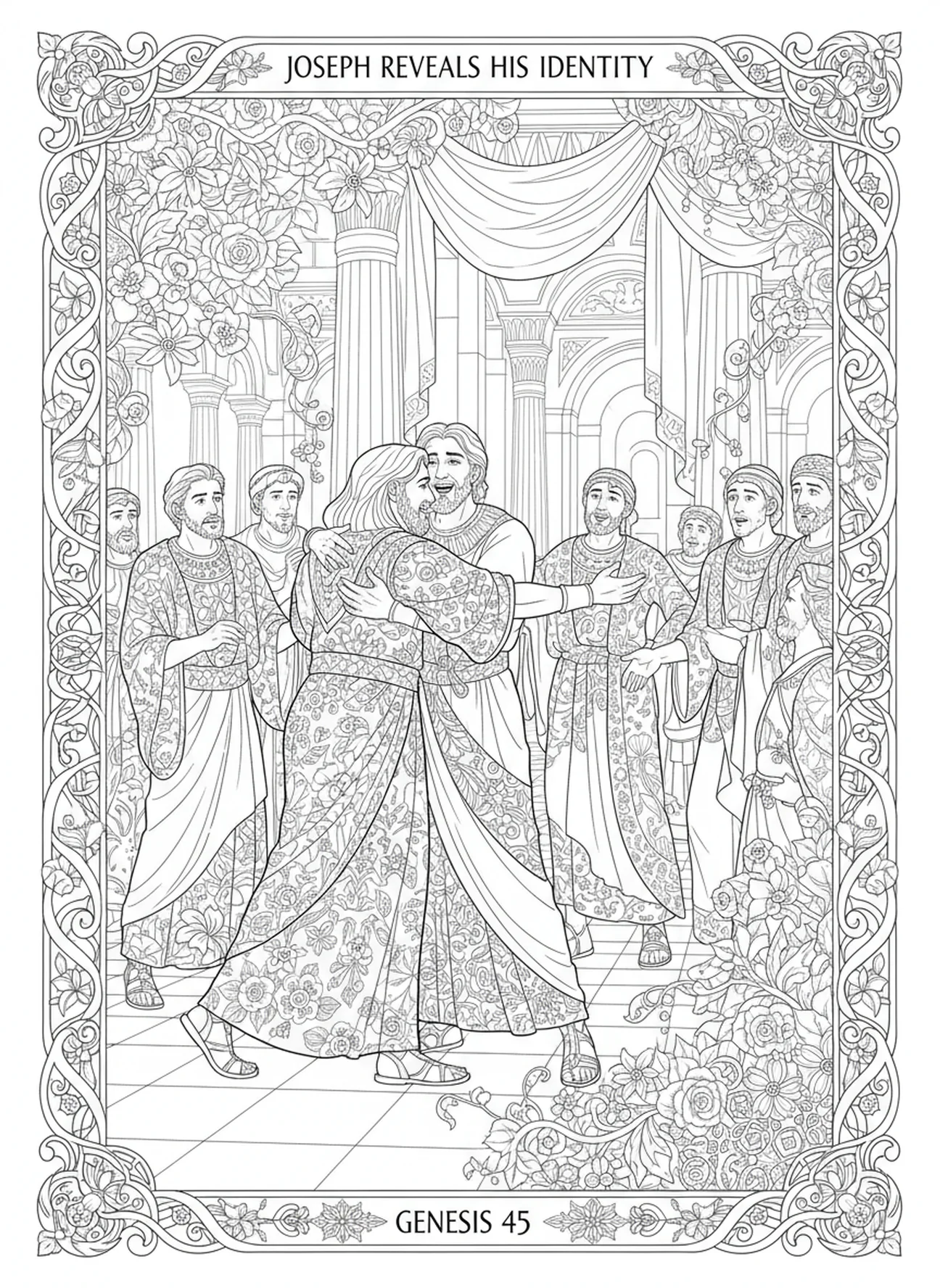 Joseph revealing his identity, Joseph coloring page for adults Bible journaling style.