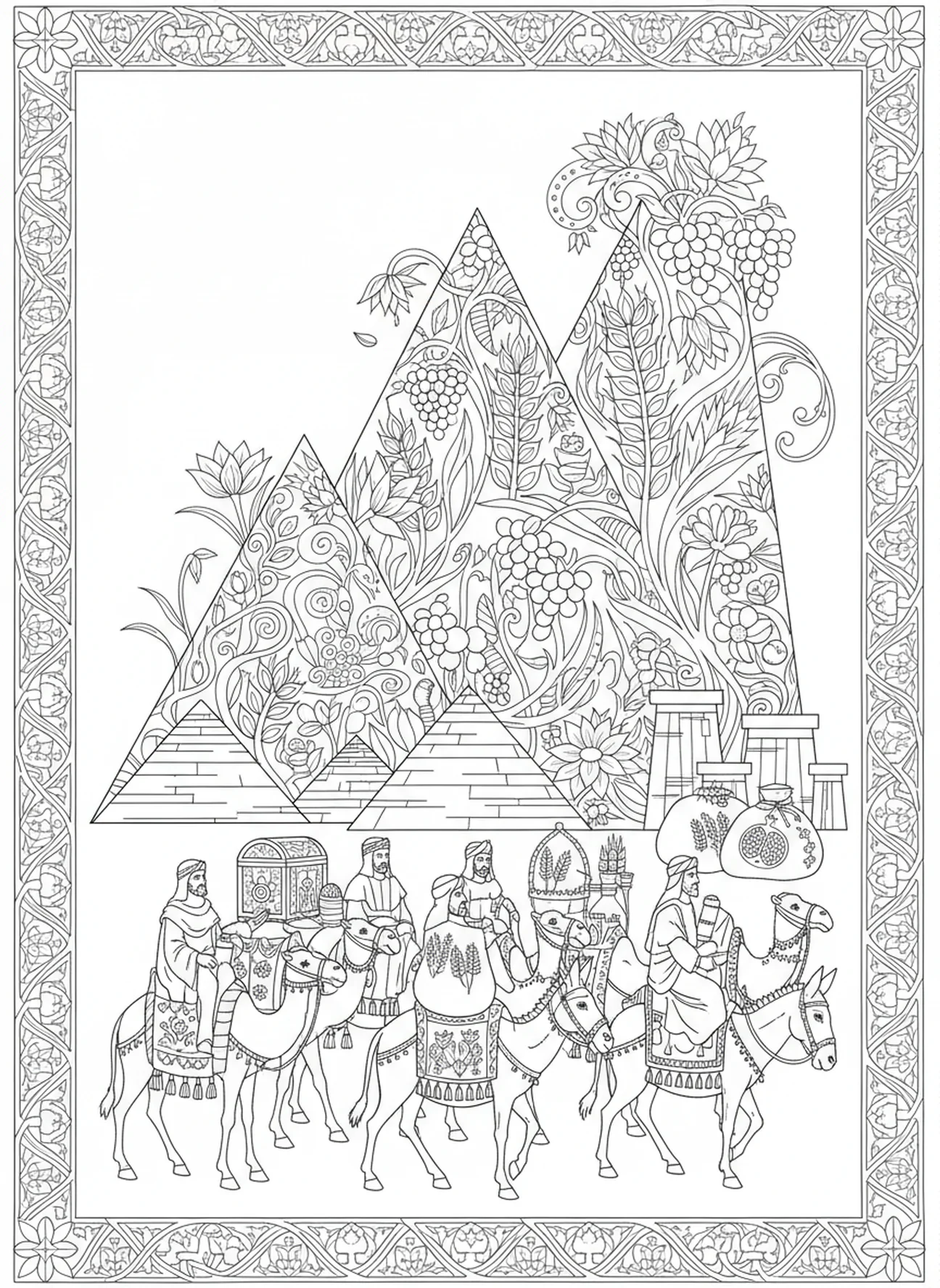 Joseph's brothers returning with gifts, Joseph coloring page for adults Bible journaling style.