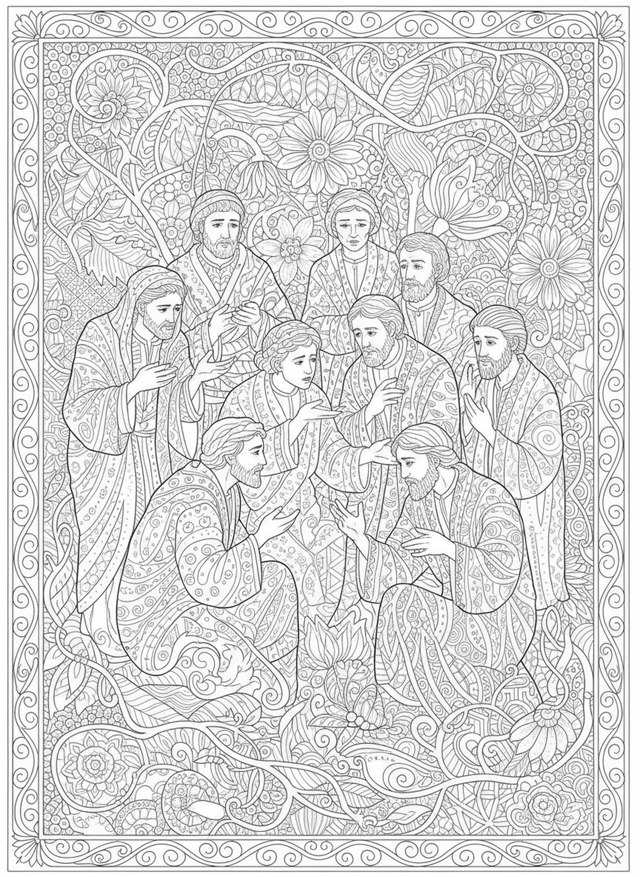 Joseph's brothers debating, Joseph coloring page for adults Bible journaling style.