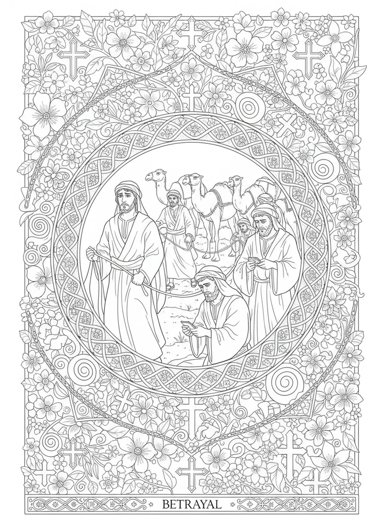 Joseph being sold into slavery, Joseph coloring page for adults Bible journaling style.